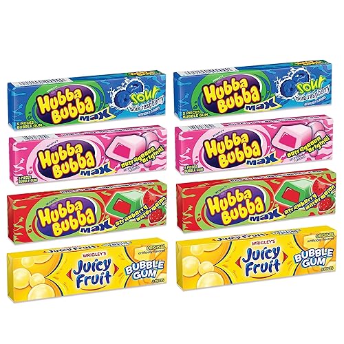 Gum Variety 8 Pack- Including 2 Packs Each of 4 Flavors- Max Strawberry Watermelon, Sour Blue Raspberry, Outrageous Original, and Juicy Fruit Original