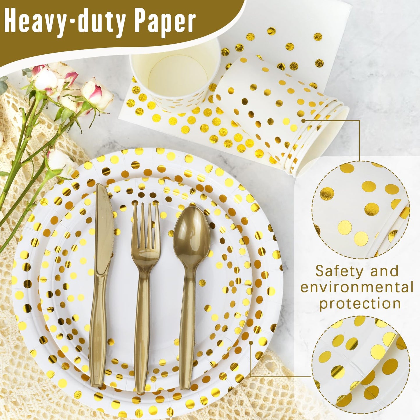 Lzerking Party Supplies Set - 210 Pieces of White and Gold Dot Paper Plates, Cups, Napkins, and Heavy Duty Silverware for 30 Guests for Birthdays