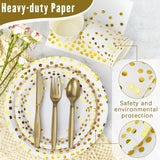 Lzerking Party Supplies Set - 210 Pieces of White and Gold Dot Paper Plates, Cups, Napkins, and Heavy Duty Silverware for 30 Guests for Birthdays
