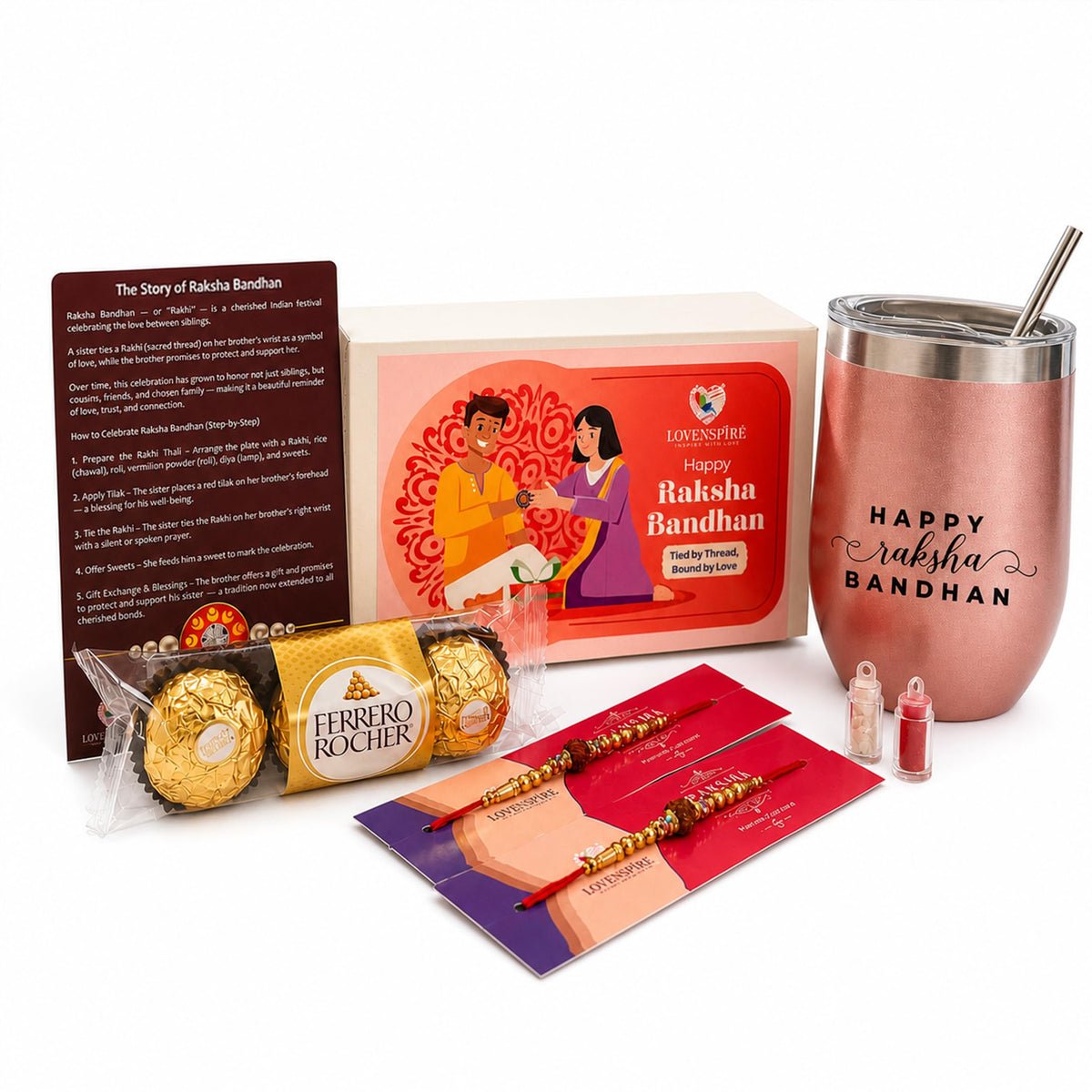 LOVENSPIRE Traditional Rudraksha Rakhi Gift Hamper for Brother & Bhabhi - Adjustable Rakhi Bracelet with Tumbler, Chocolates, Roli Chawal & Card