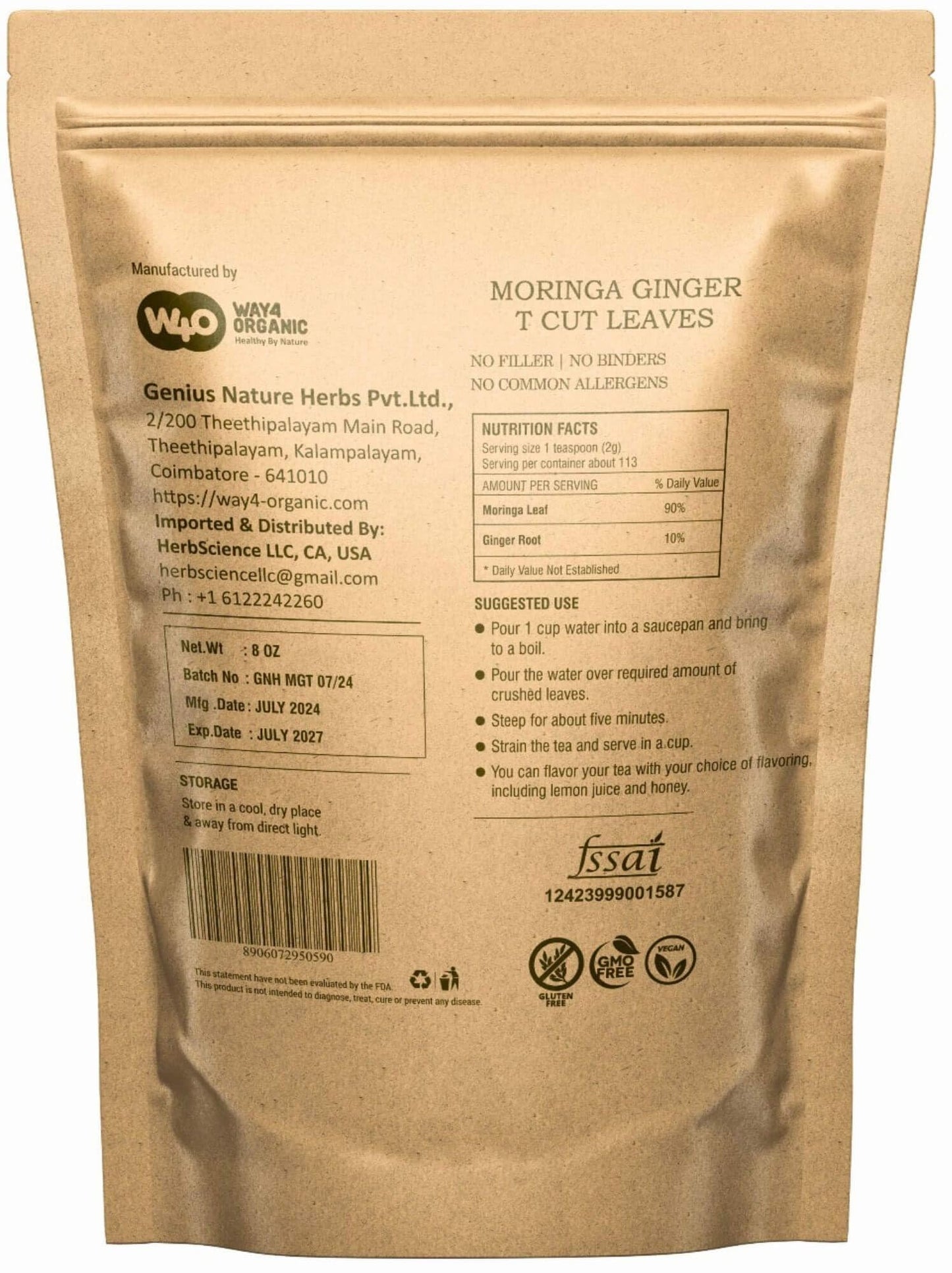 Moringa Leaves Tea with Ginger 8 oz, 120 Servings Per Package, One Leaf Tea with Two Herbs Benefits (Pack of 1), Shadow dried leaves for Maximum