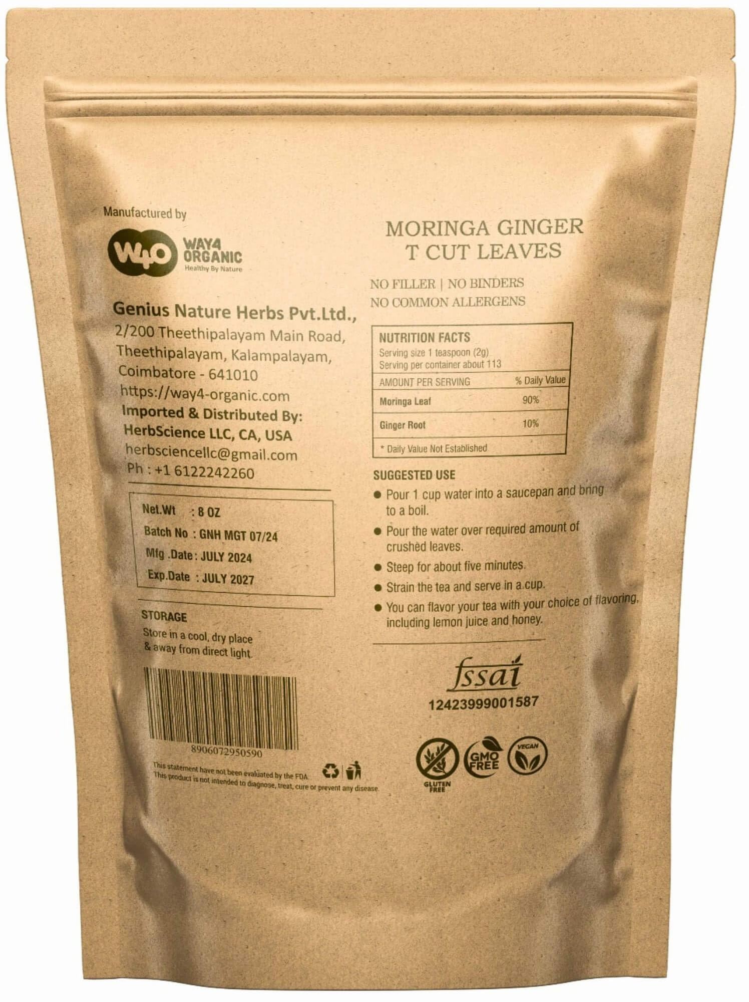 Moringa Leaves Tea with Ginger 8 oz, 120 Servings Per Package, One Leaf Tea with Two Herbs Benefits (Pack of 1), Shadow dried leaves for Maximum