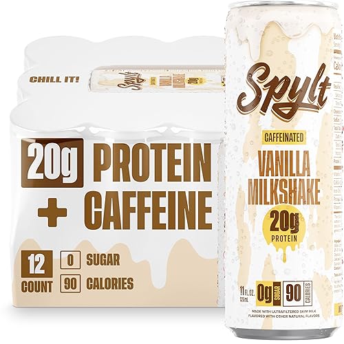 Spylt High Protein Vanilla Milkshake with 60mg Caffeine & 20g Protein - 90 Calories, Ready to Drink, Sugar Free, Lactose Free Milk, Perfect