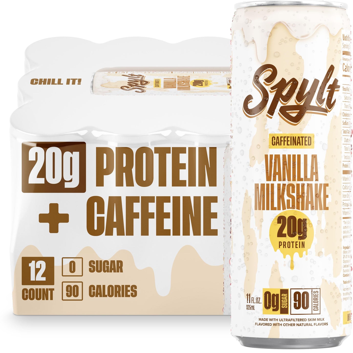 Spylt High Protein Vanilla Milkshake with 60mg Caffeine & 20g Protein - 90 Calories, Ready to Drink, Sugar Free, Lactose Free Milk, Perfect