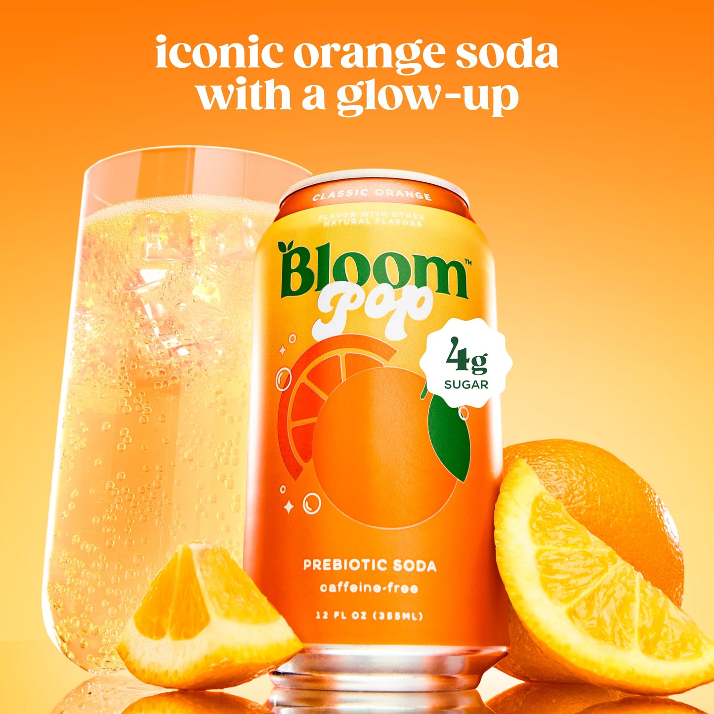 Bloom Pop Prebiotic Soda 12 Pack, Classic Orange Flavor, 12oz Cans | Prebiotic Soda for Gut Health, Low Calorie Soda, No Caffeine, Healthy Soft Drink