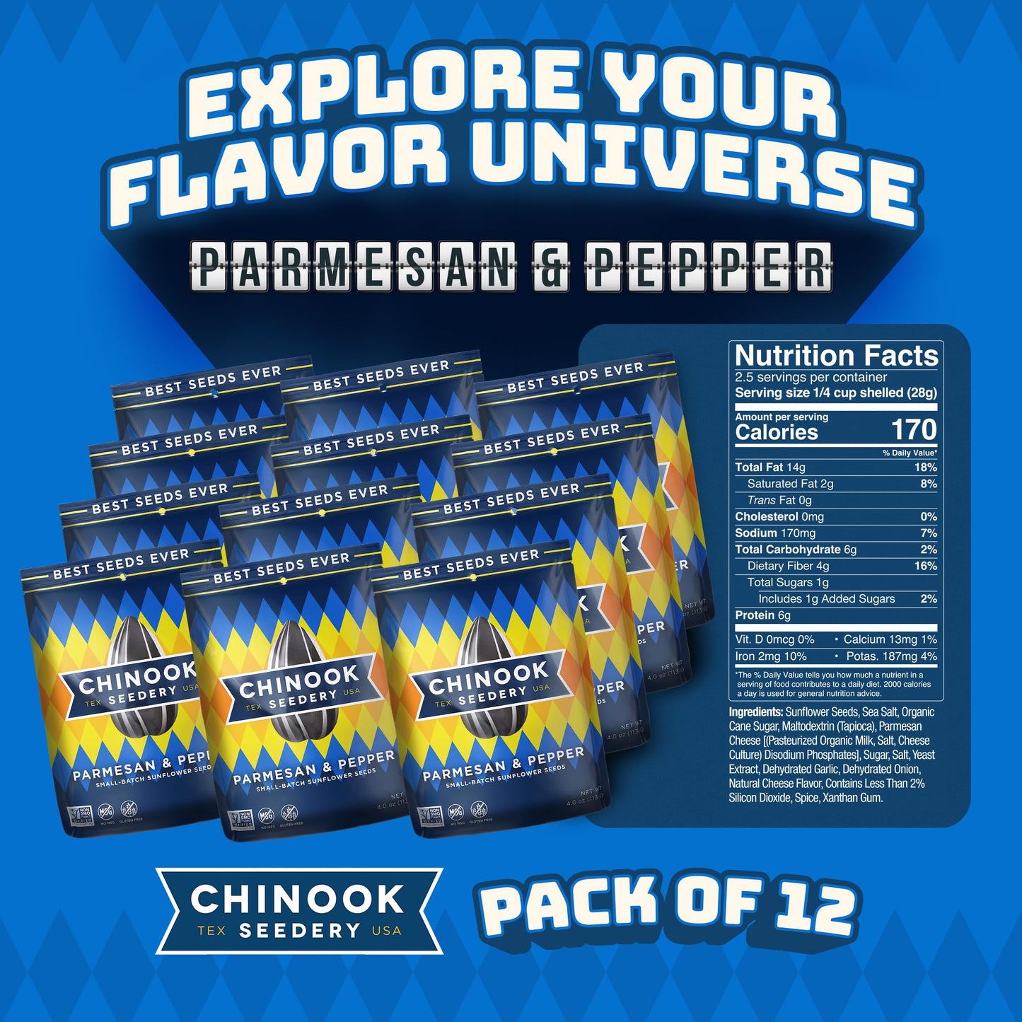 Chinook Seedery Sunflower Seeds to Eat - Jumbo, Flavored, Roasted, Low Sodium Snacks - Keto Friendly, Gluten-Free, Non-GMO - Parmesan & Pepper Flavor