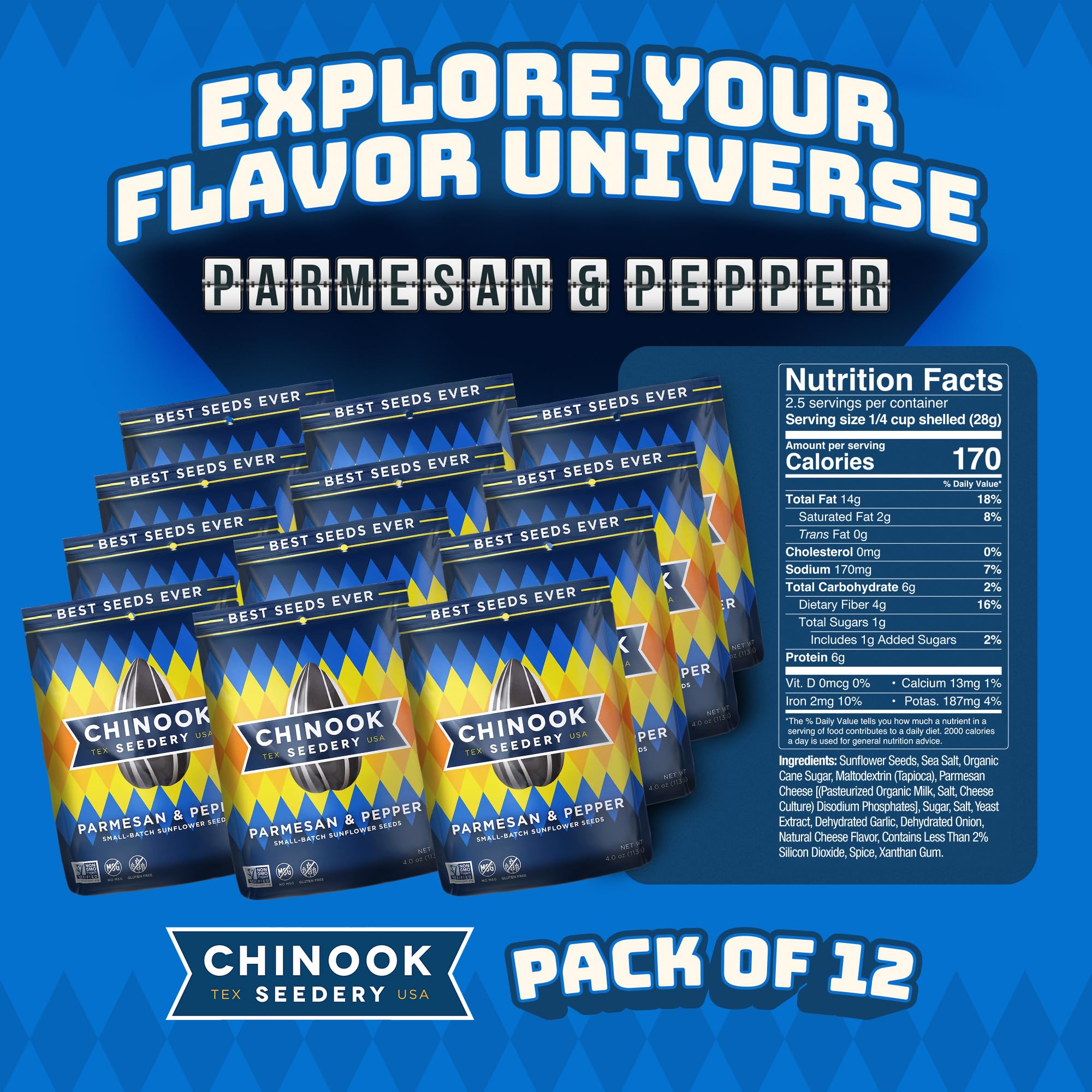 Chinook Seedery Sunflower Seeds to Eat - Jumbo, Flavored, Roasted, Low Sodium Snacks - Keto Friendly, Gluten-Free, Non-GMO - Parmesan & Pepper Flavor