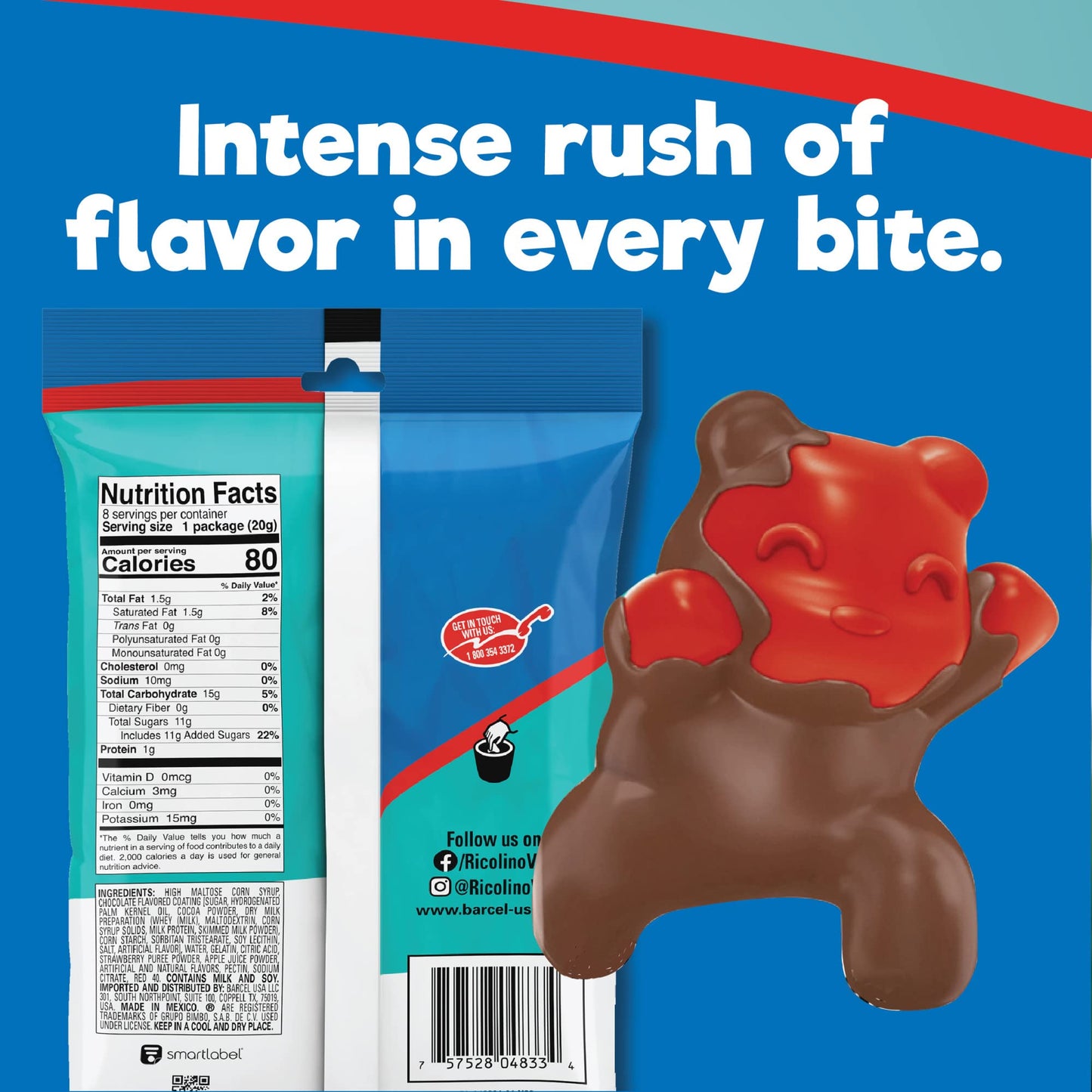 Ricolino Panditas Choco, Little Panda Gummy Bears Candy Pack, Strawberry Artificially Flavored with Chocolate Flavored Coating, 8 Individually Wrapped