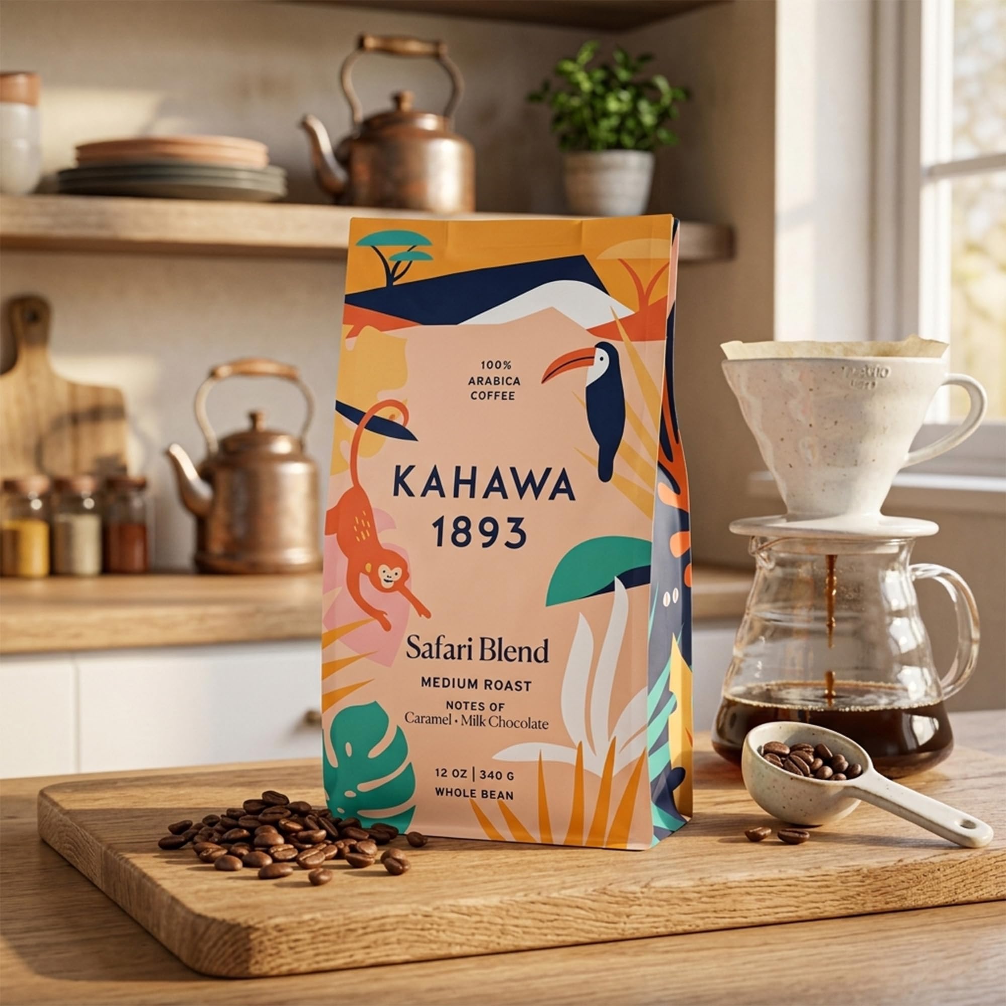 Kahawa 1893 Whole Bean Coffee Medium Roast Safari Blend 12 Oz - As Seen on Shark Tank, High Antioxidants, Naturally Sweet, Organically Grown