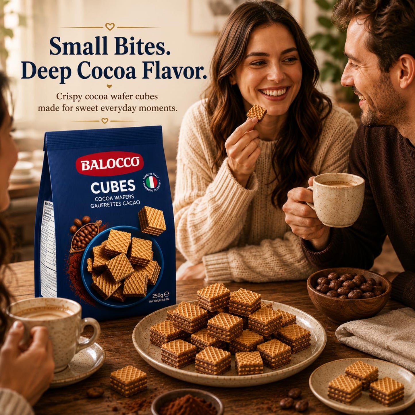 Balocco Cocoa Wafer Cubes Cookies 8.8 Oz (250g) - Crispy Italian Square Wafer Chocolate Cookies with 4 Layers of Cacao Butter, Non-GMO, Product