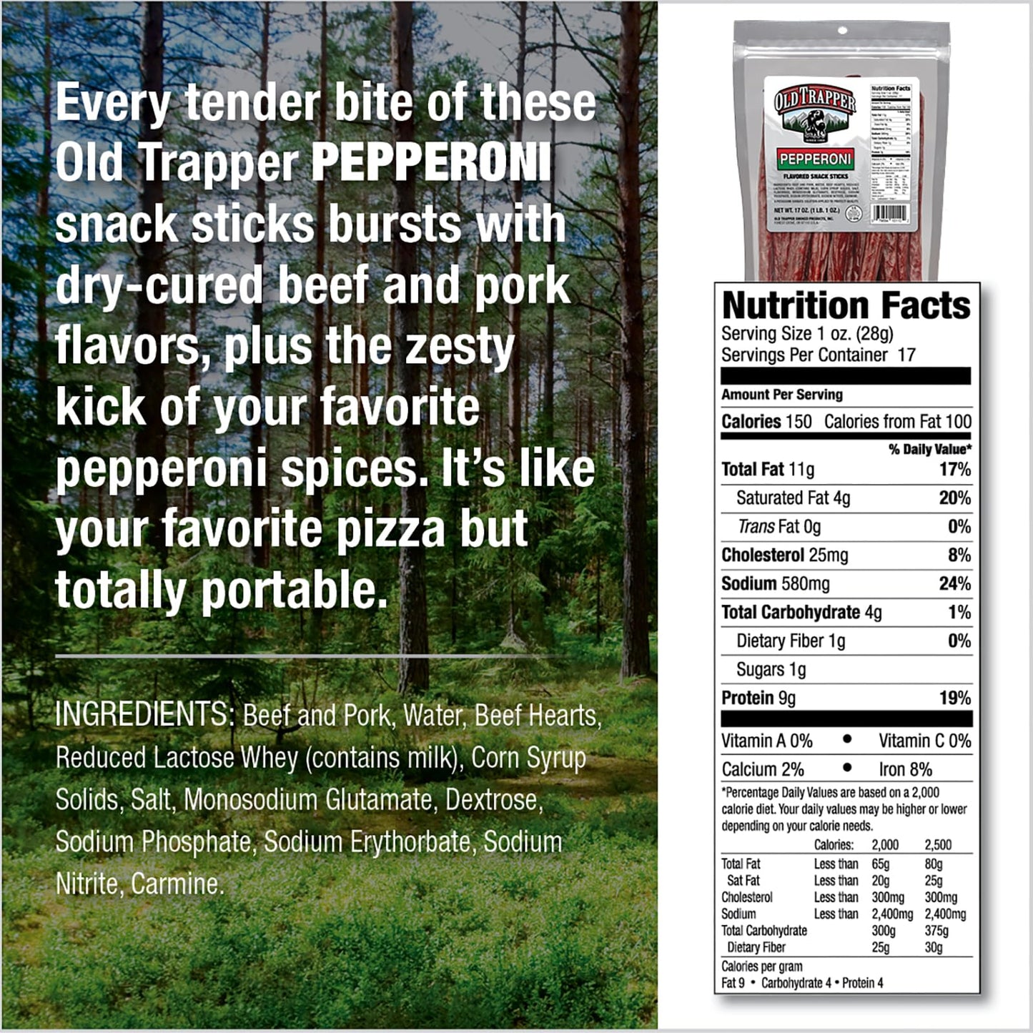 Old Trapper Pepperoni Snack Sticks, 17-Ounce Resealable Bag, Natural Wood Smoked Meat Sticks, 9 Grams of Protein and 150 Calories Per Ounce (Pack
