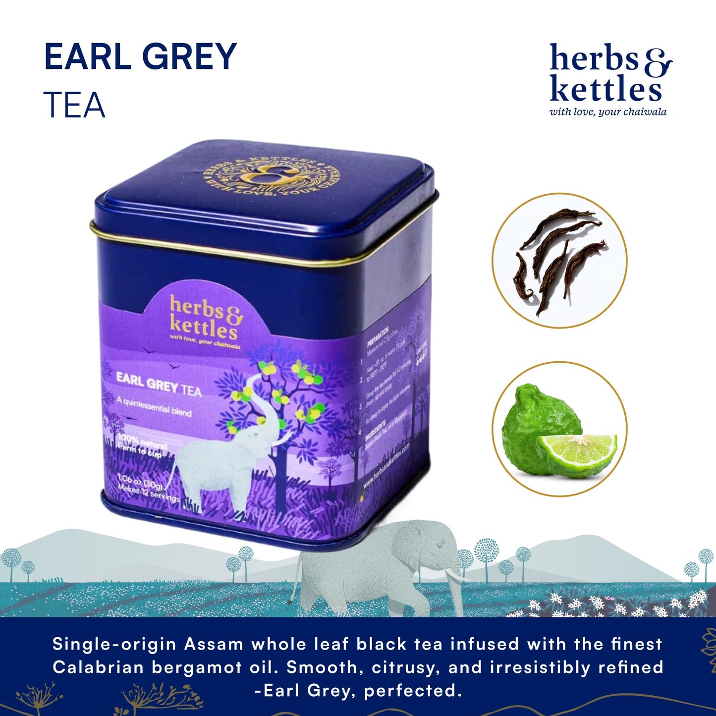 Herbs & Kettles Earl Grey Tea ,1.06 oz | Assam Black Tea Infused with Italian Bergamot Oil | Premium Loose Leaf Earl Grey with Smooth Citrus Aroma