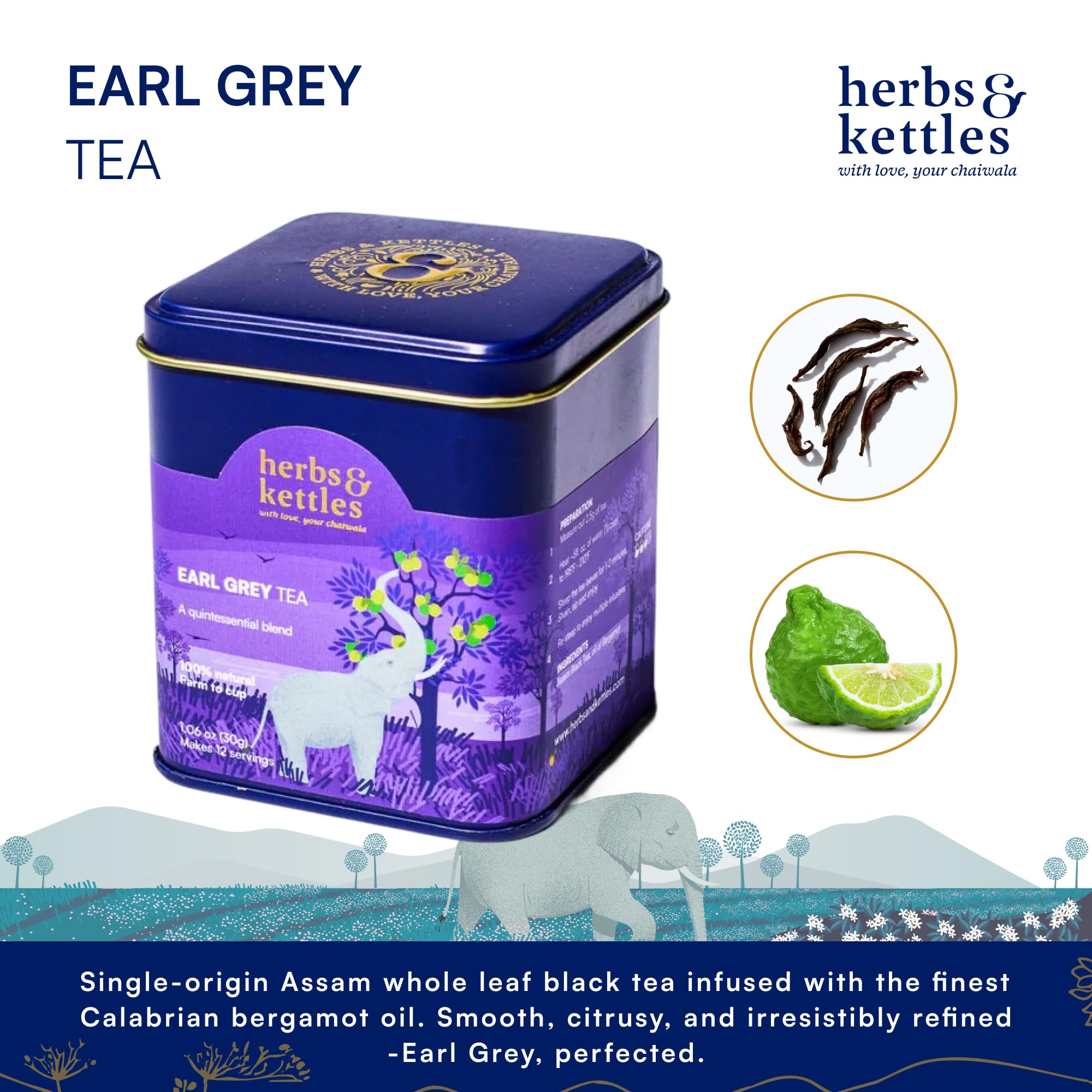 Herbs & Kettles Earl Grey Tea ,1.06 oz | Assam Black Tea Infused with Italian Bergamot Oil | Premium Loose Leaf Earl Grey with Smooth Citrus Aroma