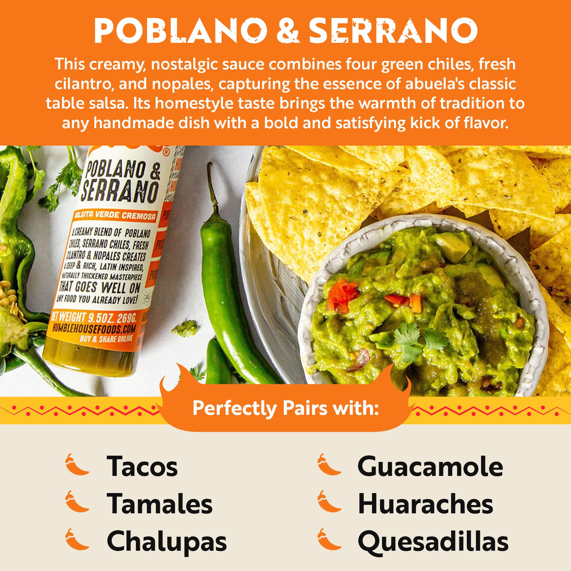 Humble House - Poblano & Serrano Pepper Hot Sauce, Zero-Calorie Low-Sodium Vegan Condiments for Chicken Wings, Steak, Enchiladas, Tamales, Tacos