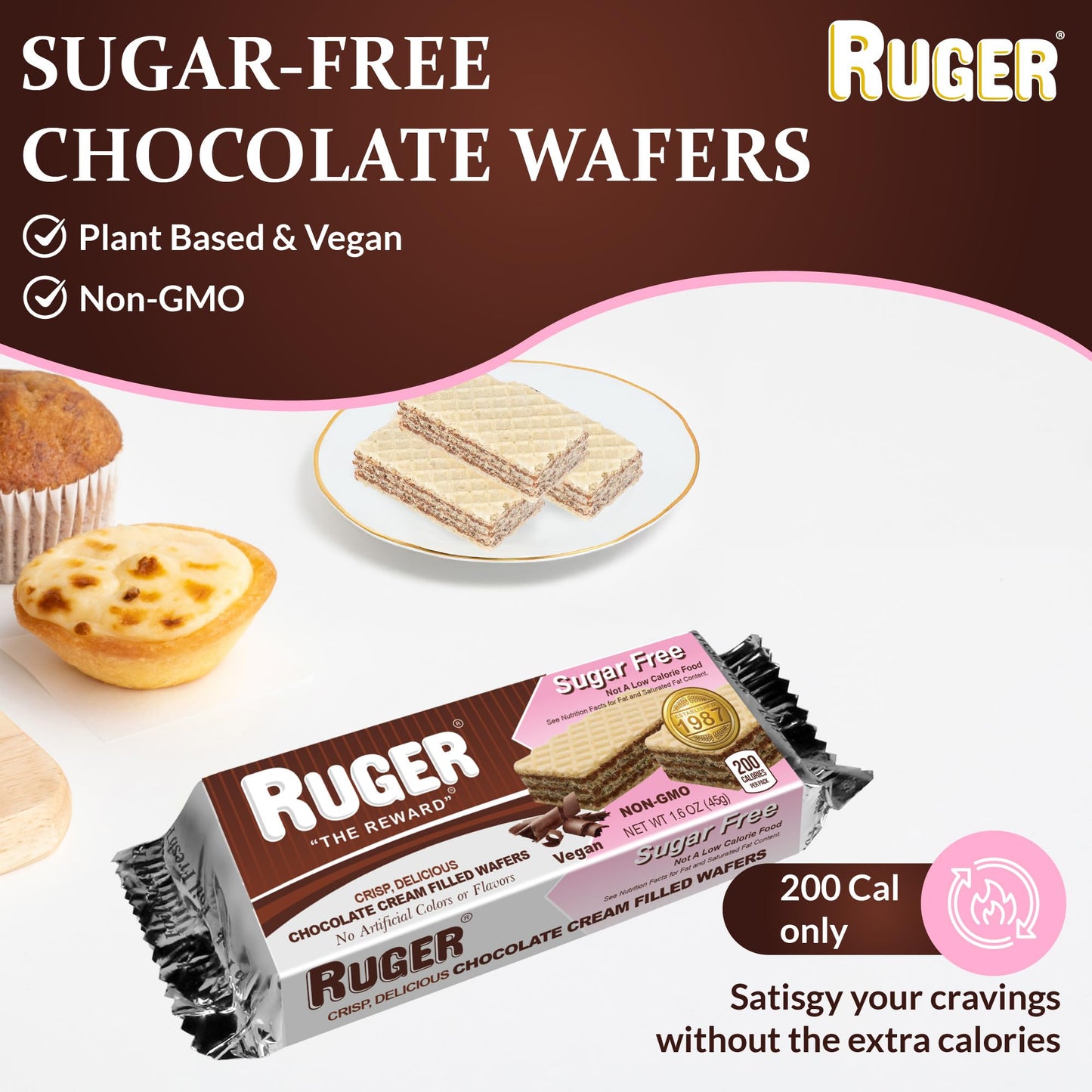 RUGER Sugar-Free Chocolate Wafers 1.6 Ounce (Pack of 12) - Deliciously Crisp and Guilt-Free Chocolate Treats with Natural Ingredients, Non-GMO, Vegan