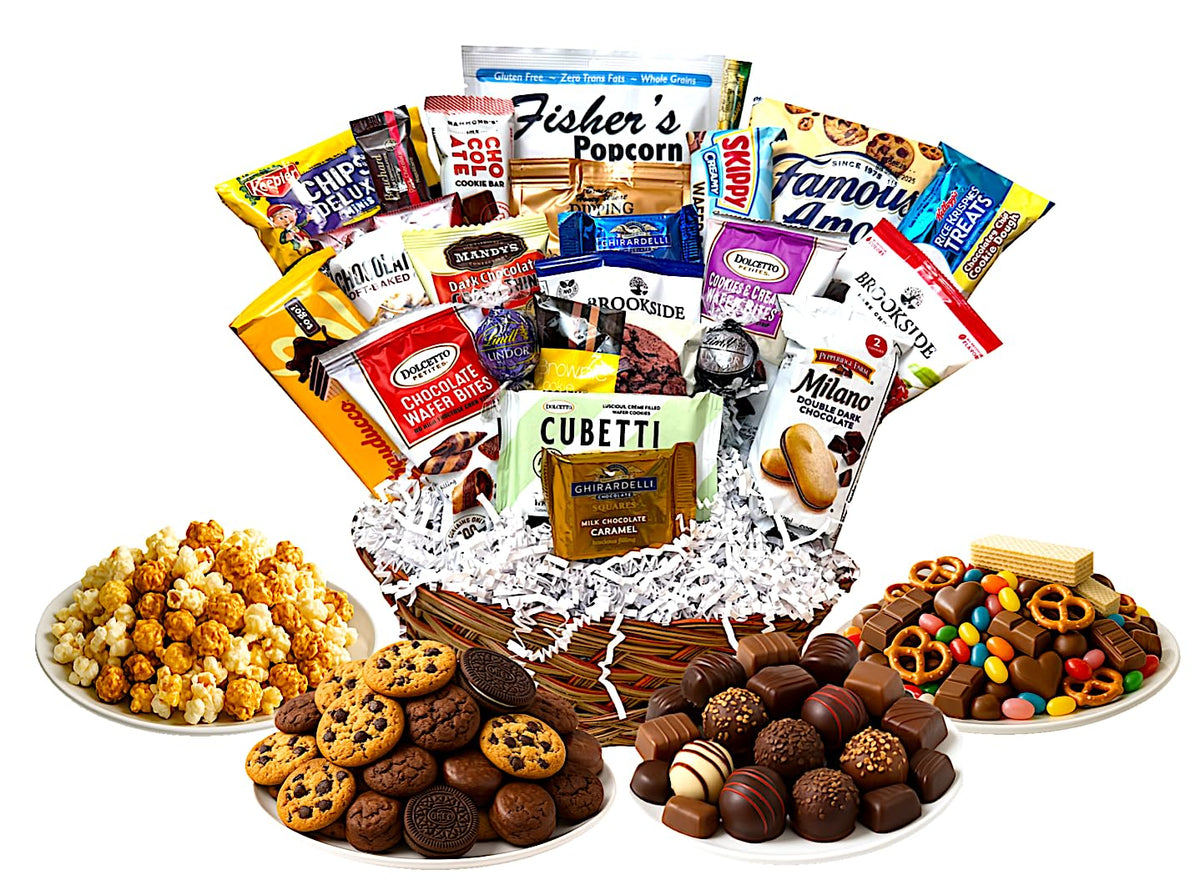 Fourth of July Gift Basket with Chocolate, Candy & Snacks - 10 Inch Wrapped Gift Basket - Independence Day Holiday Treats for Family, Friends