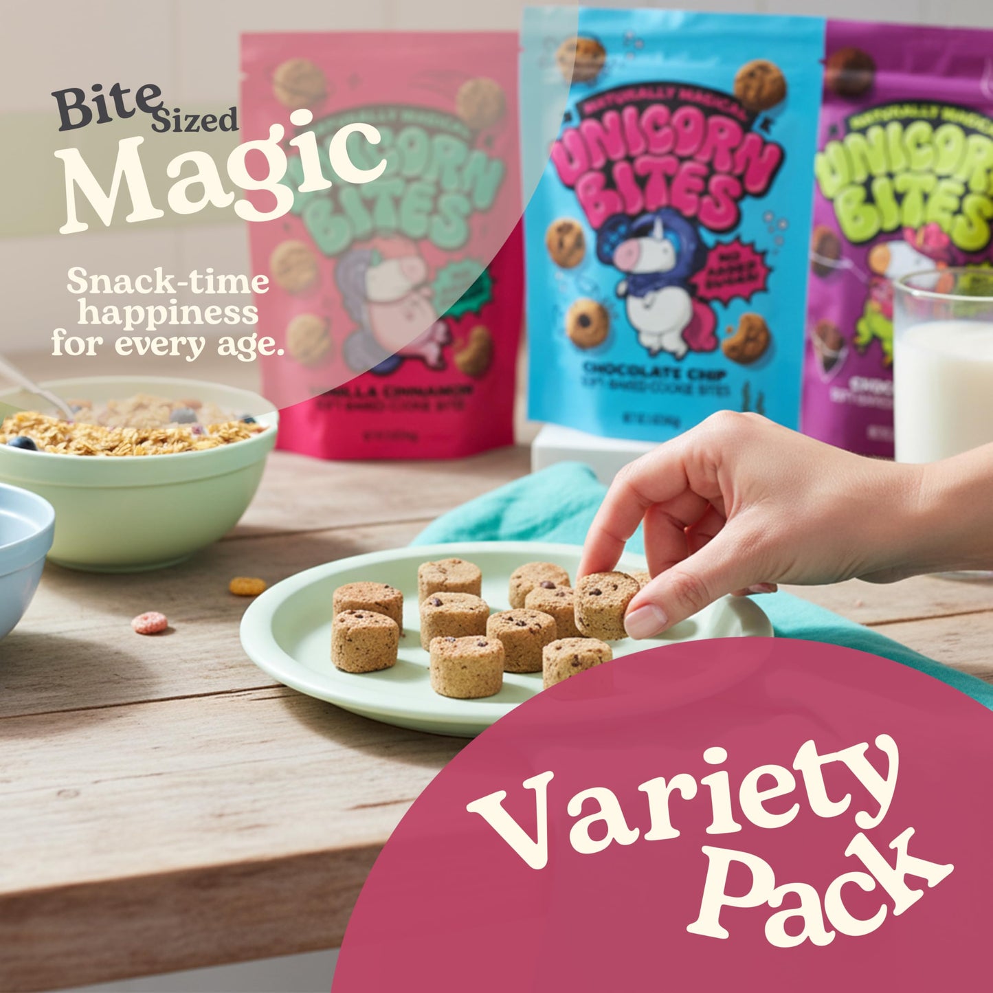 Unicorn Bites Mini Soft Baked Cookies (Variety 3-Pack) - Healthy Low Sugar Snacks for Kids, Naturally Sweetened with Dates - Moist, Dense, Chewy
