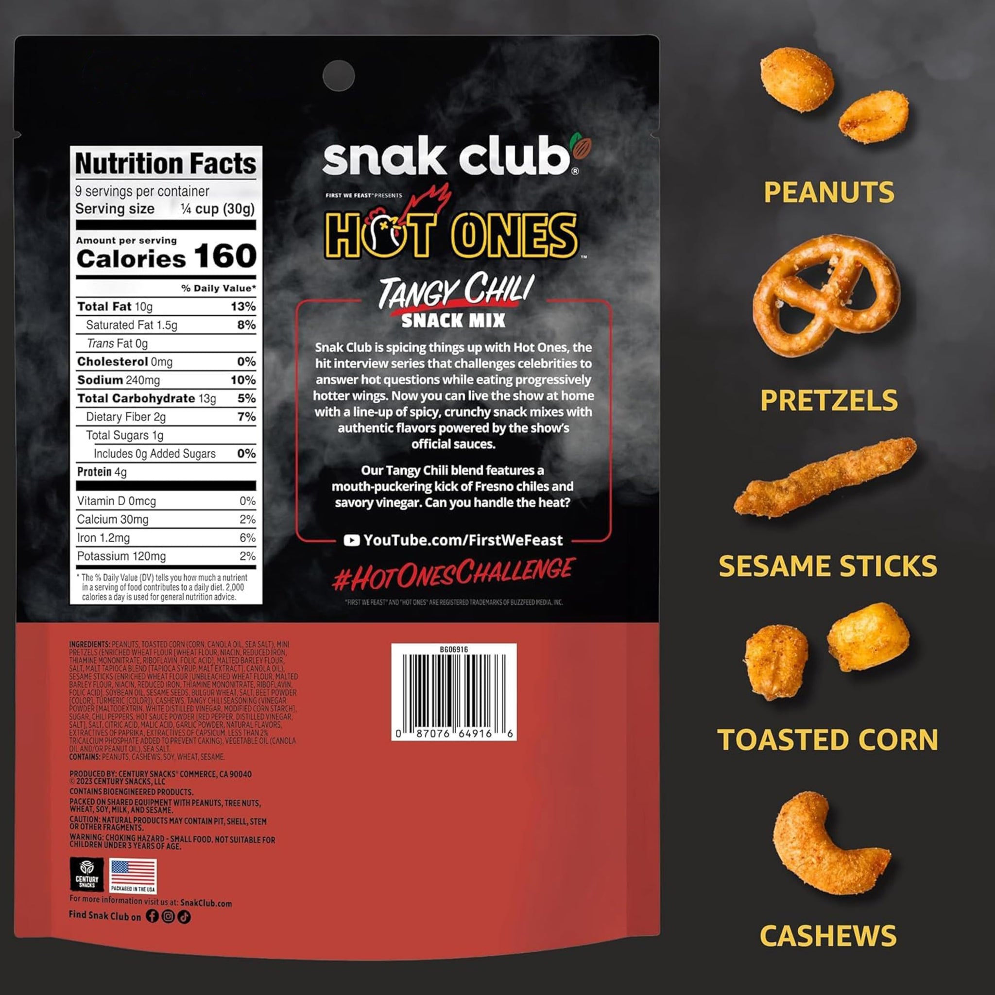 Snak Club x Hot Ones Tangy Chili Snack Mix, Mild Spicy Snacks with Peanuts, Pretzels, Sesame Sticks, Toasted Corn & Cashews, Inspired by Hot Ones Hot