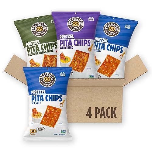 PRETZELIZED Snacks Pretzel Pita Chips Variety Pack (Pack of 4) 2 Sea Salt, 1 Everything, 1 Mediterranean MultiPack
