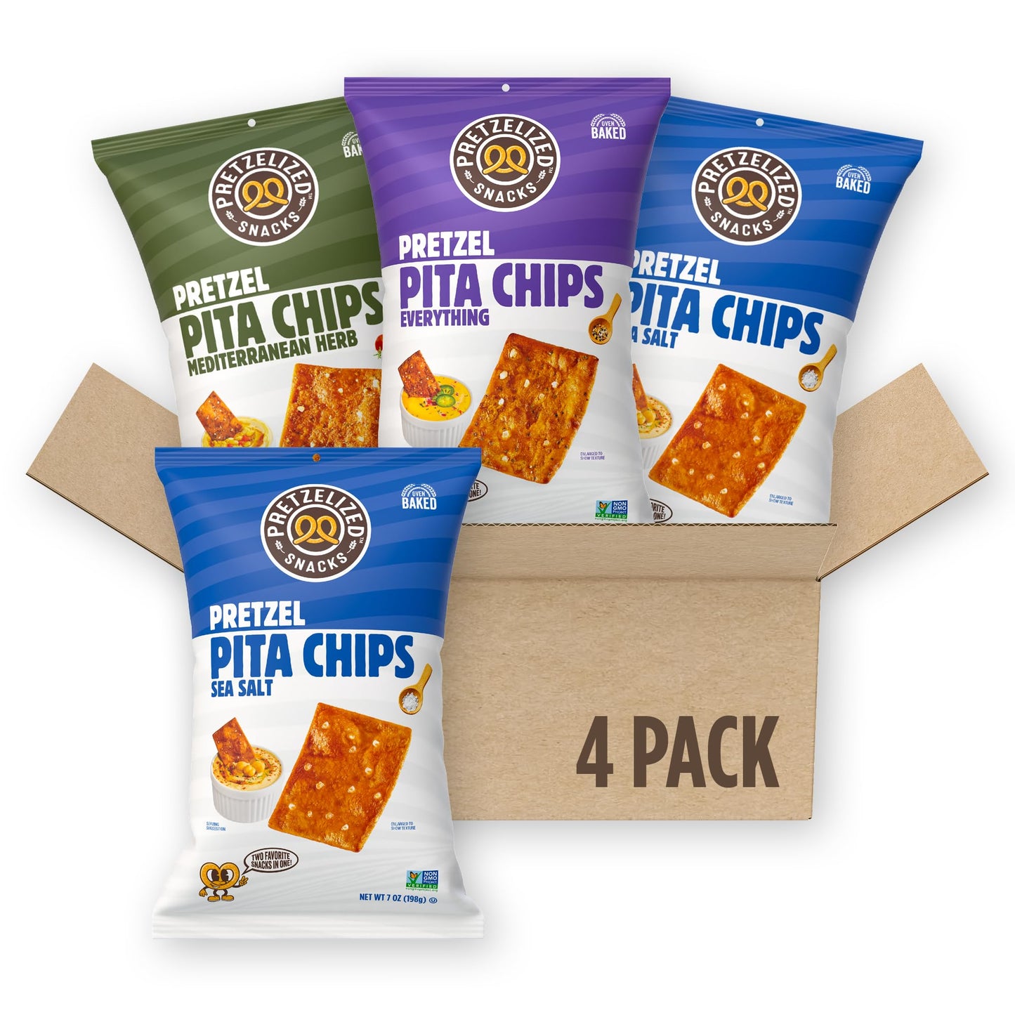 PRETZELIZED Snacks Pretzel Pita Chips Variety Pack (Pack of 4) 2 Sea Salt, 1 Everything, 1 Mediterranean MultiPack
