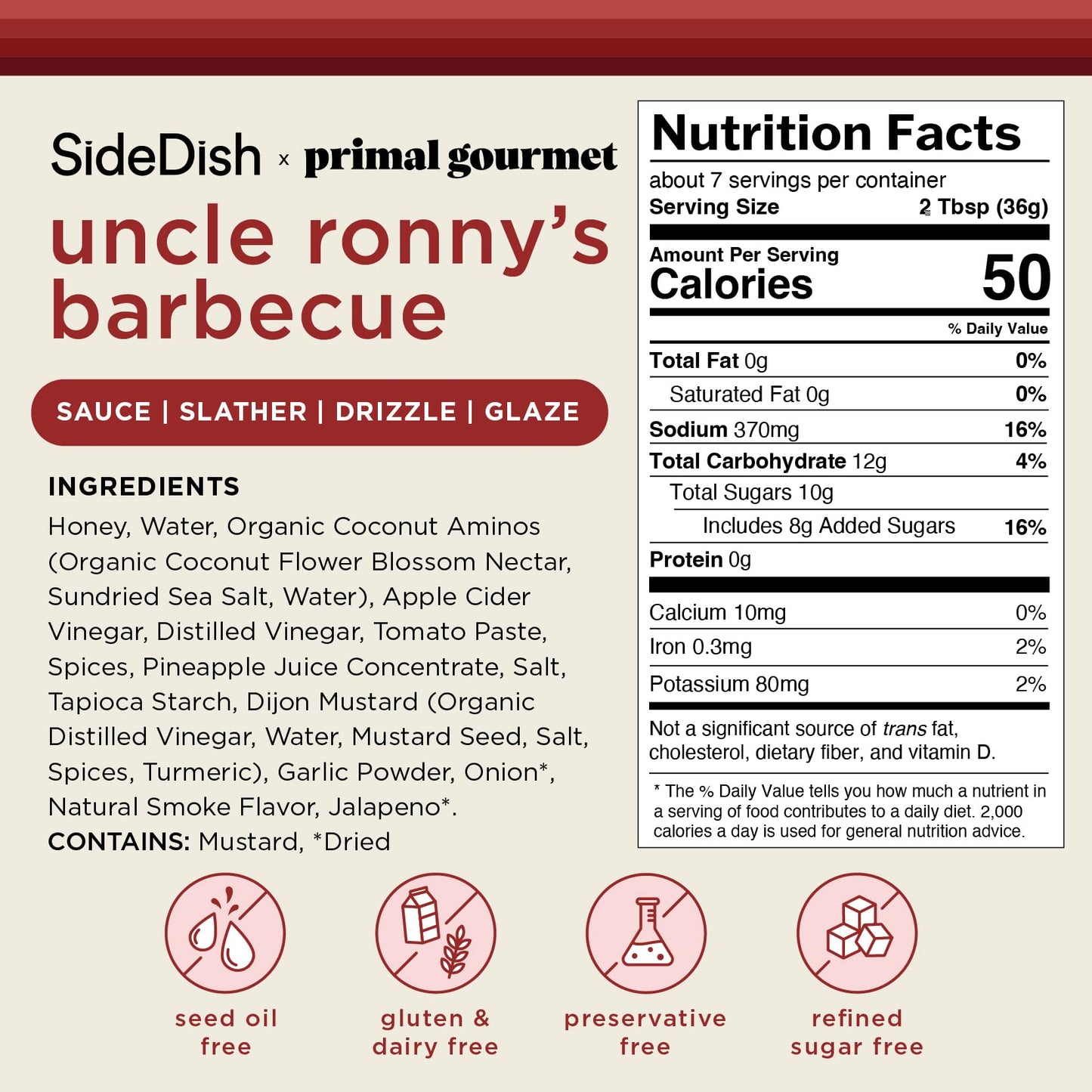 SideDish & Primal Gourmet Uncle Ronny's BBQ Sauce - Pack of 1 - Refined Sugar Free, Seed Oil Free BBQ Sauce with All-Natural Ingredients - Gluten