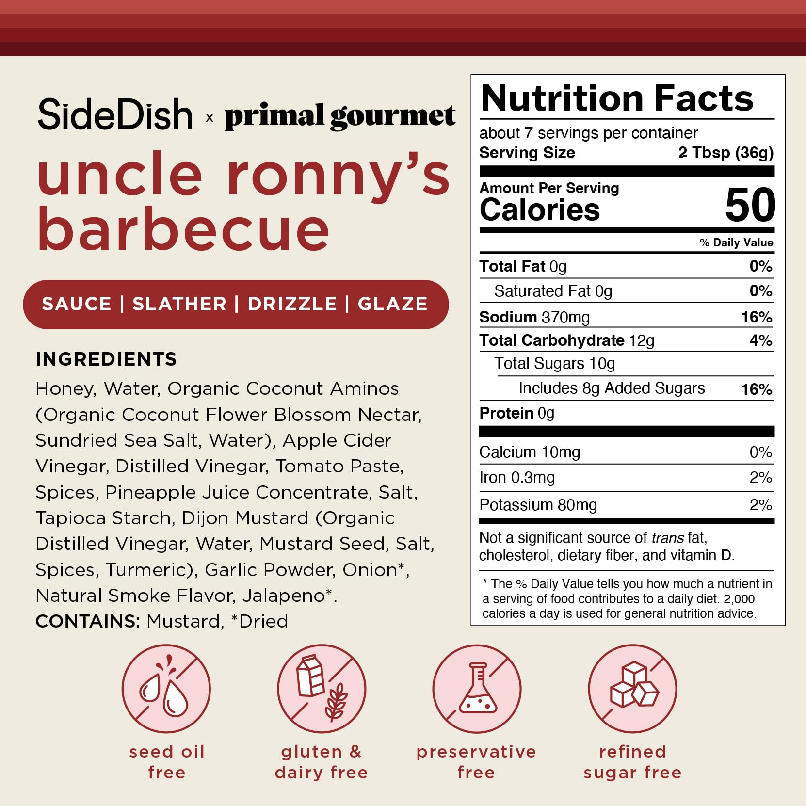 SideDish & Primal Gourmet Uncle Ronny's BBQ Sauce - Pack of 1 - Refined Sugar Free, Seed Oil Free BBQ Sauce with All-Natural Ingredients - Gluten