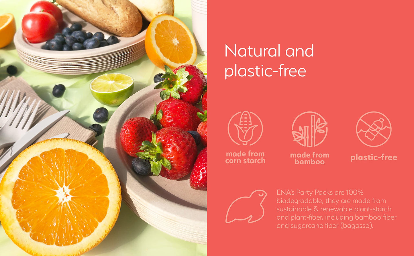 Eco-friendly Camping Supplies [16 Dinnerware Set] for Picnic Basket & Party Supplies. Compostable Paper Plates, Napkins, Biodegradable Utensils, Cups