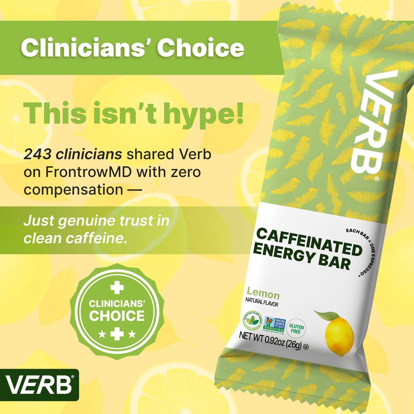 Verb Caffeinated Energy Bars Lemon (26g, Pack of 16) 110-Calorie Delicious Low Sugar Energy Bar - Vegan Gluten Free On-the Go Snack with 80mg Green