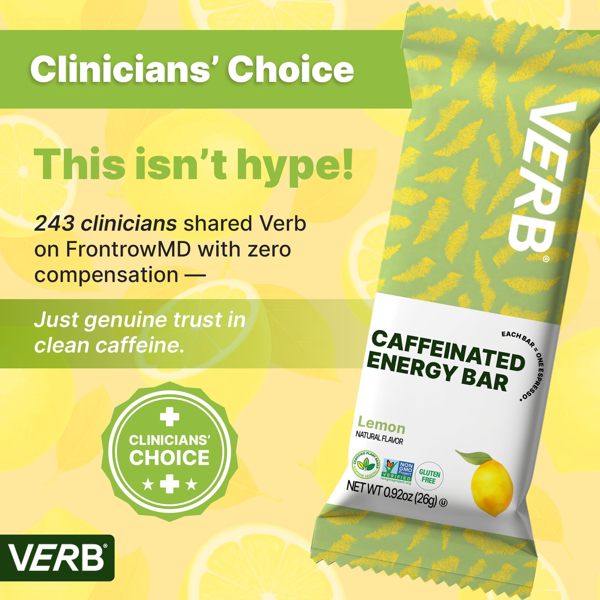 Verb Caffeinated Energy Bars Lemon (26g, Pack of 16) 110-Calorie Delicious Low Sugar Energy Bar - Vegan Gluten Free On-the Go Snack with 80mg Green