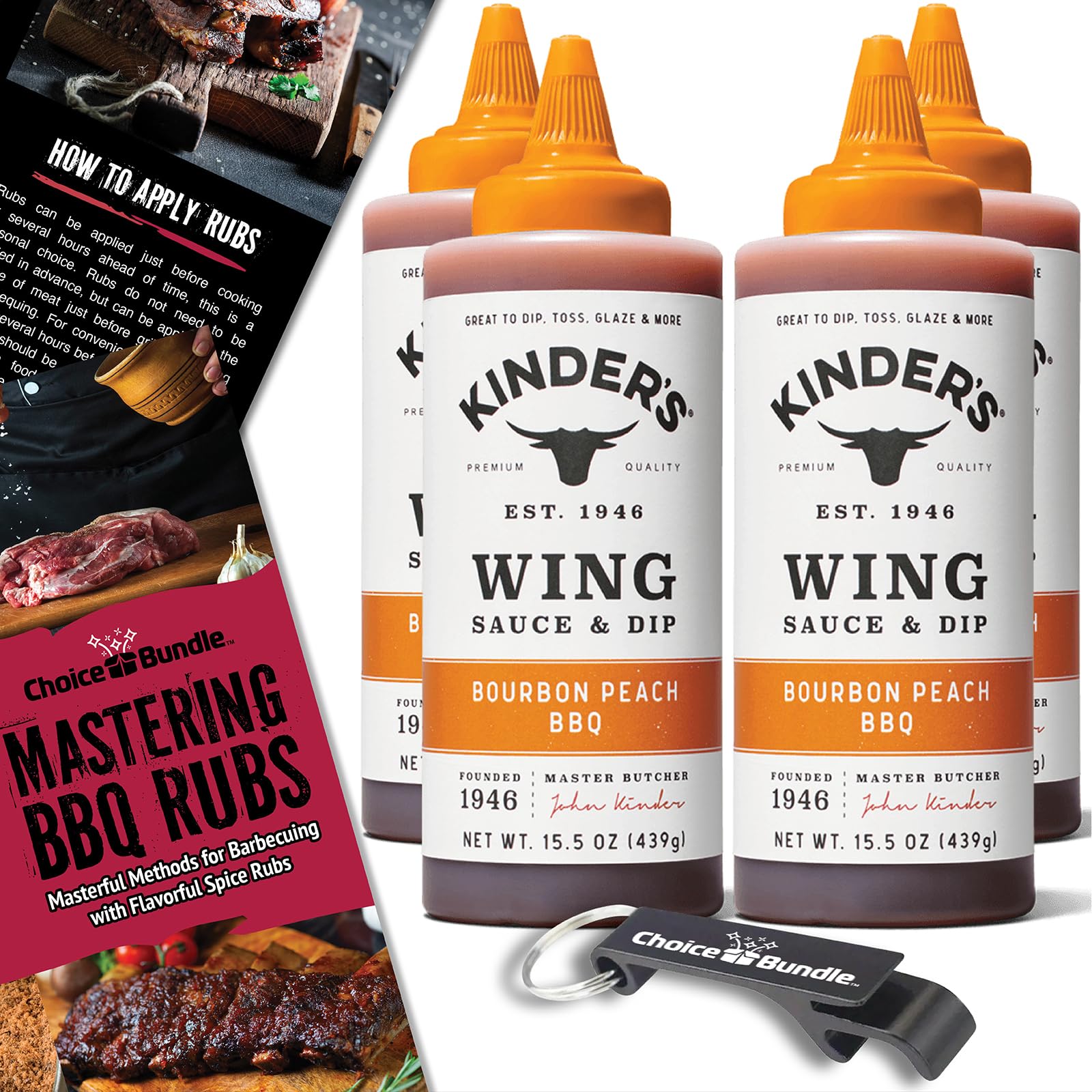 Kinder’s Bourbon Peach BBQ Wing Sauce & Dip 4 Pk (62 oz) Great to Dip Toss Glaze & More + Barbecue Masters & Bottle Opener (6 Items)!