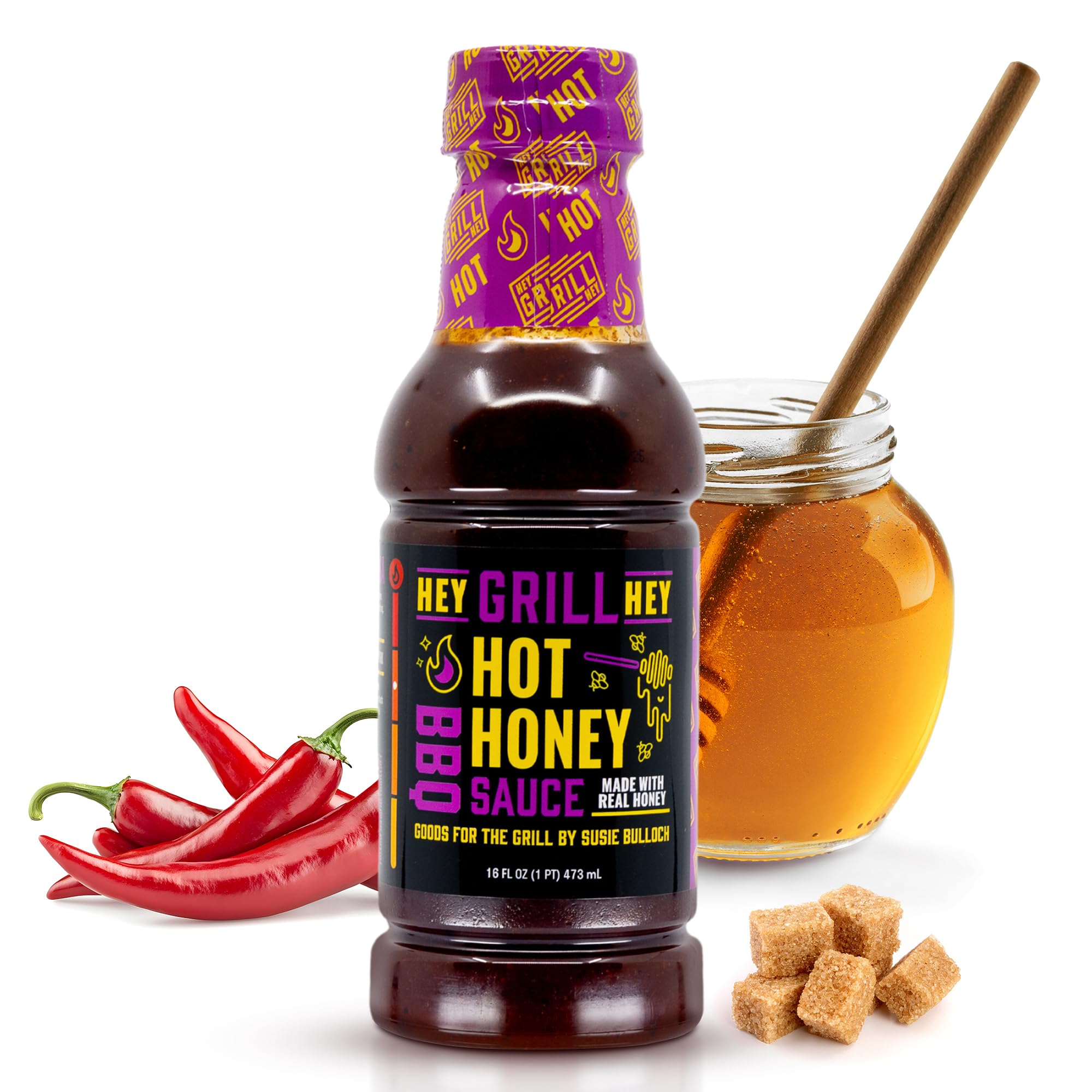 Hey Grill Hey | Hot Honey BBQ Sauce | Sweet & Spicy Barbecue Sauce with Honey, Cayenne & Red Pepper | Perfect for Chicken, Pork, Shrimp & More | 18oz