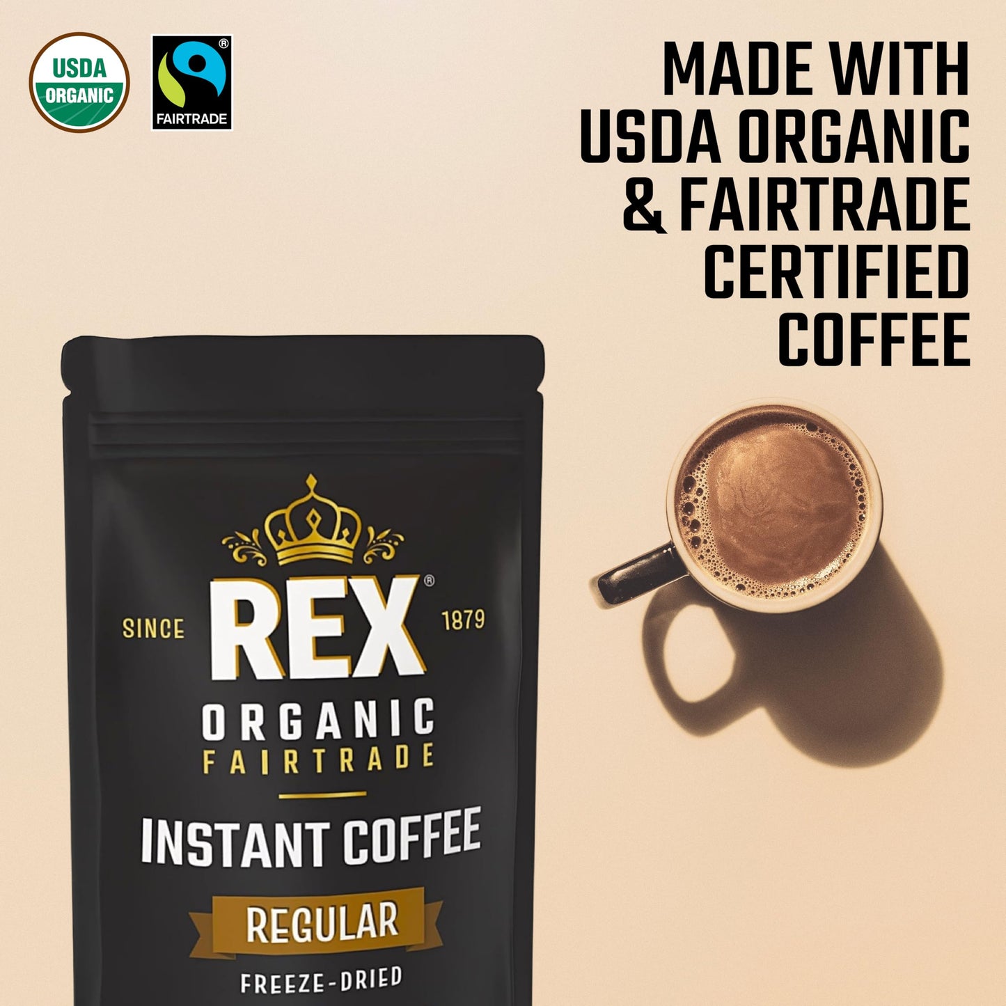 Rex Coffee Organic Fairtrade Freeze-Dried Instant Coffee - Medium Roast Arabica, 7.05 oz Resealable Pouch Bag - Lab Tested for Mold, Mycotoxins, Heavy