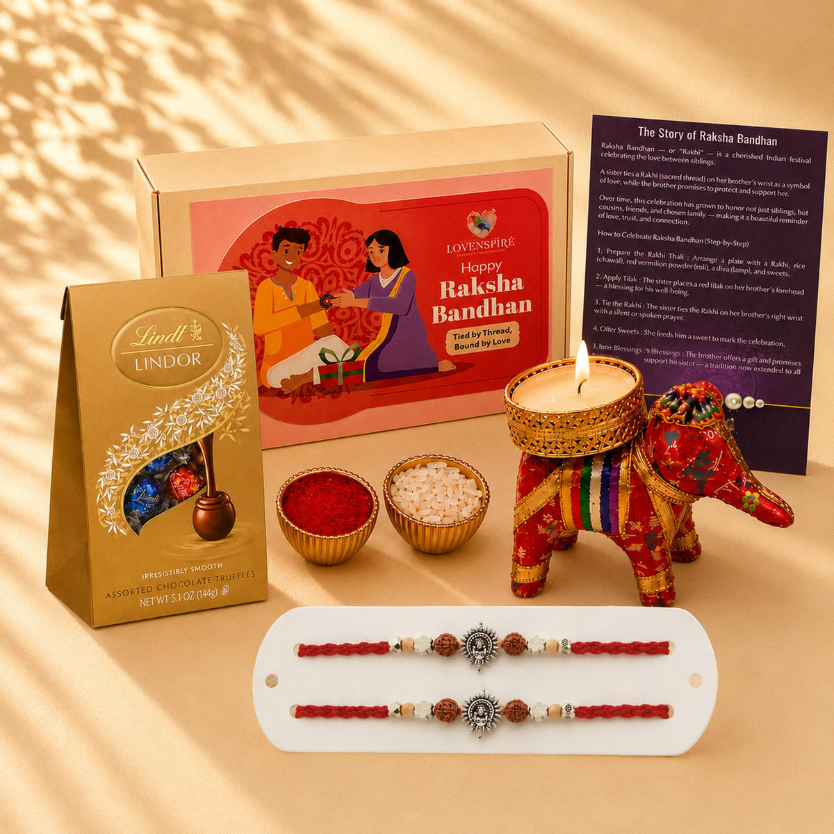 LOVENSPIRE Designer Ganesha Rakhi Gift Hamper for Brother & Bhabhi - Includes 2 Adjustable Rakhi Bracelets, Decorative Haldi Kumkum Holder