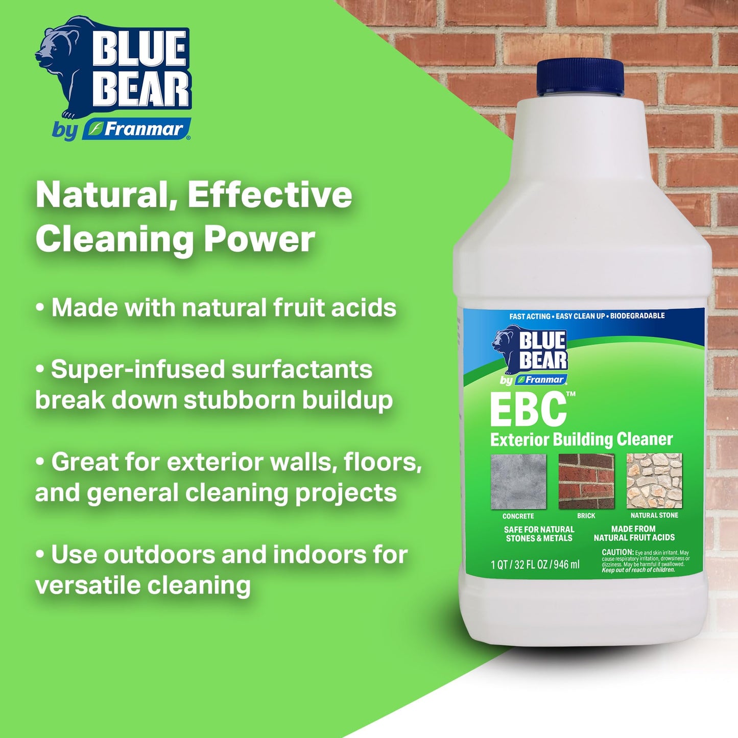 Blue Bear EBC Exterior Building Cleaner - Natural Fruit Acid Concentrate for Brick, Stone, Concrete & Metal-Removes Efflorescence, Lime Residue, Moss