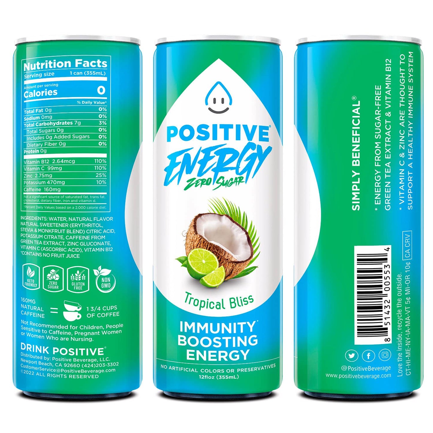 Positive Energy Immunity Boosting Energy Drink, Tropical Bliss, Zero Sugar, Keto Friendly, Gluten Free & Non-GMO, 12 Fluid Ounce (Pack of 12)