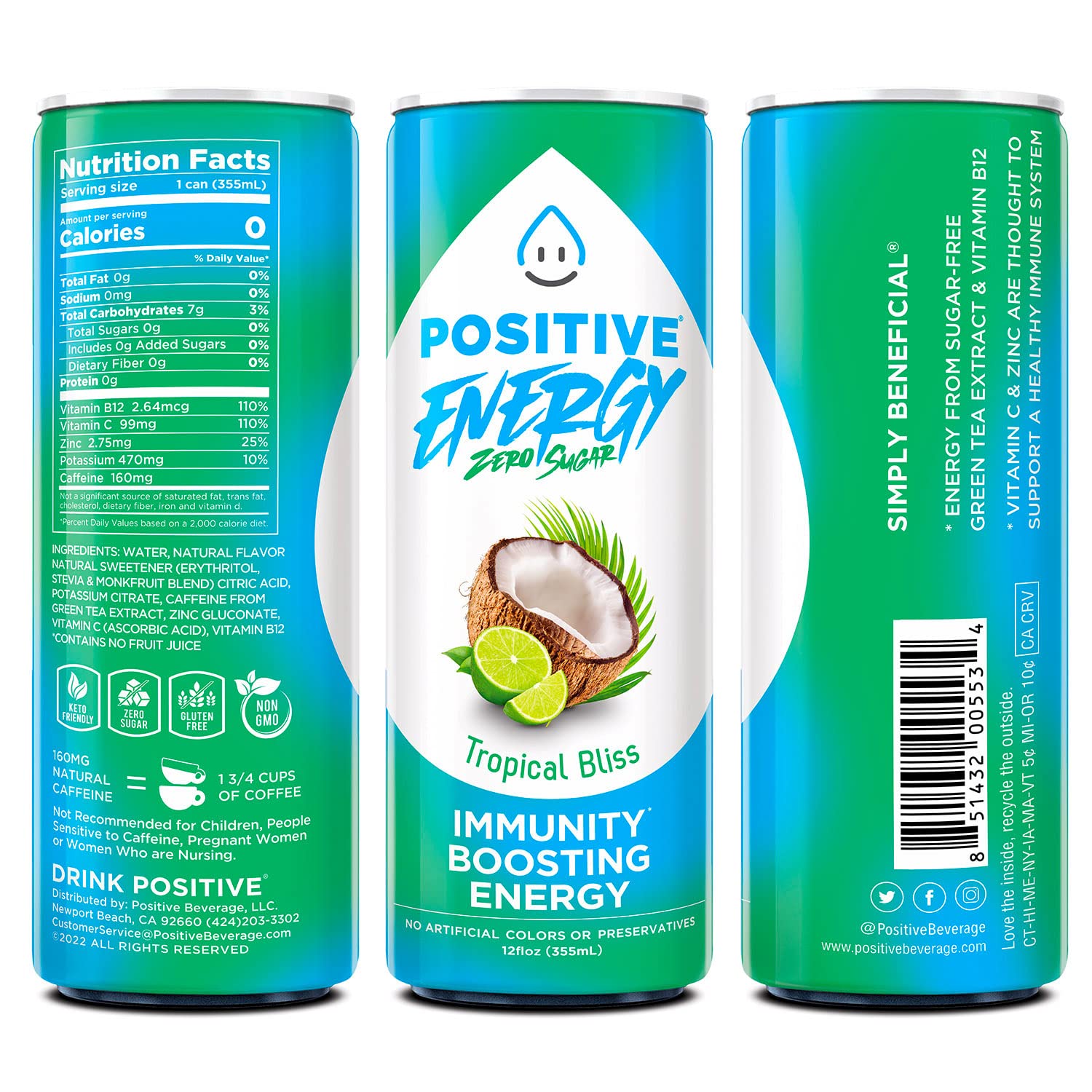 Positive Energy Immunity Boosting Energy Drink, Tropical Bliss, Zero Sugar, Keto Friendly, Gluten Free & Non-GMO, 12 Fluid Ounce (Pack of 12)