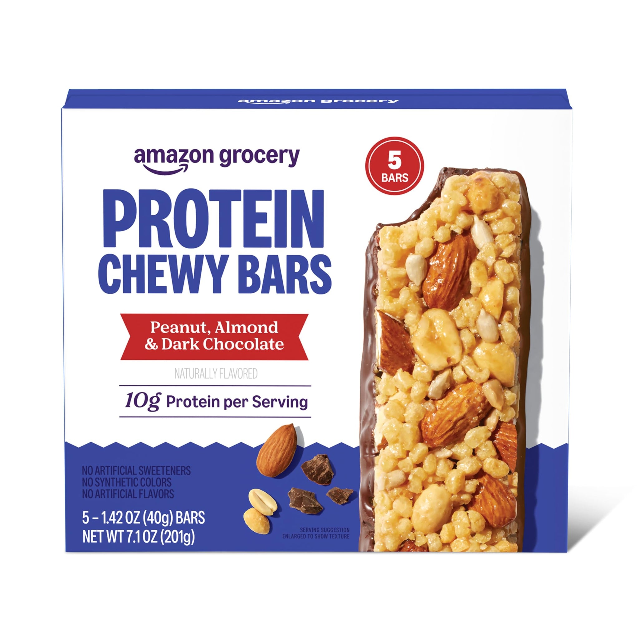 Amazon Grocery, Protein Chewy Bars, Peanut, Almond & Dark Chocolate Flavor, 7.1 oz, 5 ct (Previously Happy Belly, Packaging May Vary)