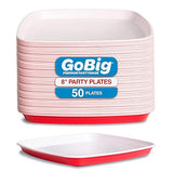GoBig Red Plastic Disposable Plates - 50 Count 8 Inch - Square Heavy Duty Red Cup Party Plates