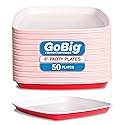 GoBig Red Plastic Disposable Plates - 50 Count 8 Inch - Square Heavy Duty Red Cup Party Plates