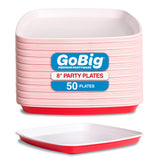GoBig Red Plastic Disposable Plates - 50 Count 8 Inch - Square Heavy Duty Red Cup Party Plates