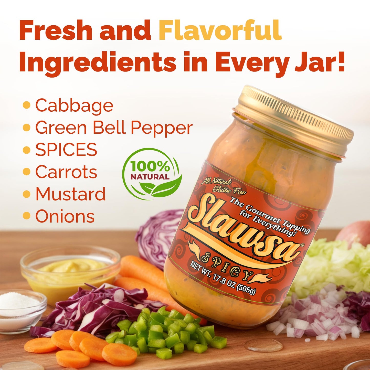Spicy Hot Dog and Sausage Relish - Slawsa Gourmet Cabbage Topping with Real Ingredients | 17.8 oz | Gluten-Free, Vegan, All-Natural