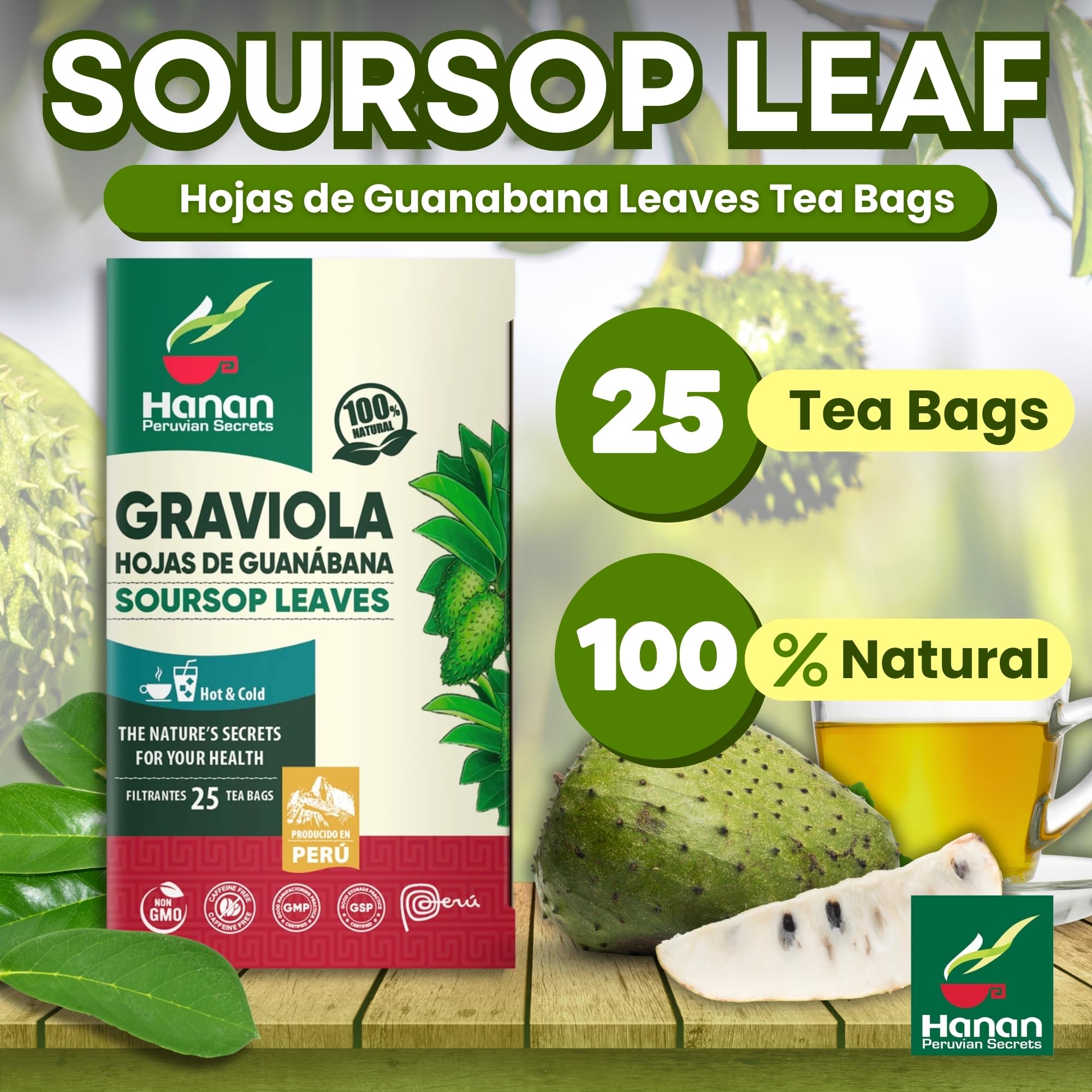Hanan Soursop Leaf Tea Bags - 100% Natural Hojas de Guanabana Leaves - Graviola Tea, Hand-Selected Soursop Leaves for Digestive Support & Calming