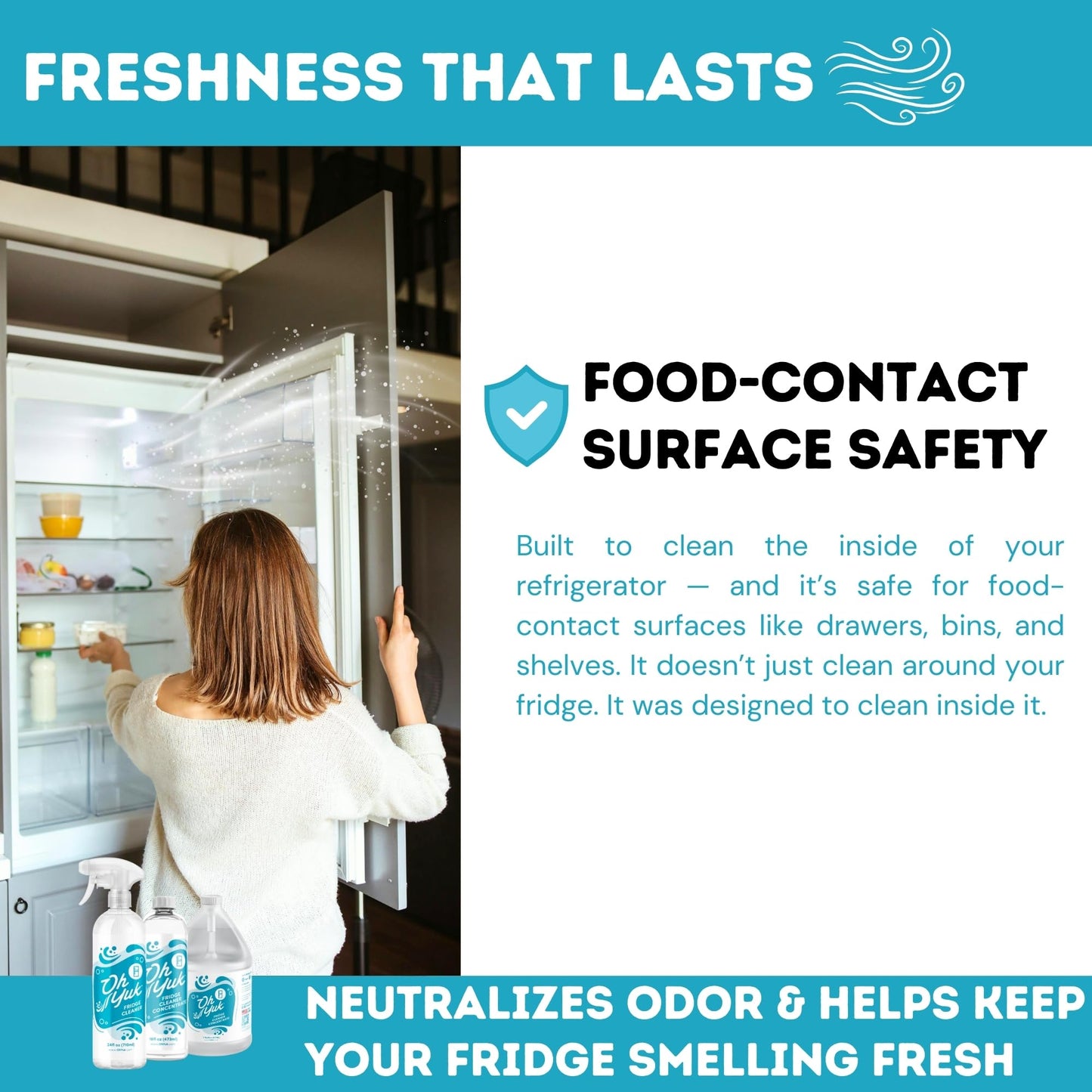 Oh Yuk Fridge Cleaner - 16 oz Concentrate Refill | Makes 4 Spray Bottles | Cleans Inside Refrigerator for Spotless, Food-Contact Safe Surfaces | Lifts