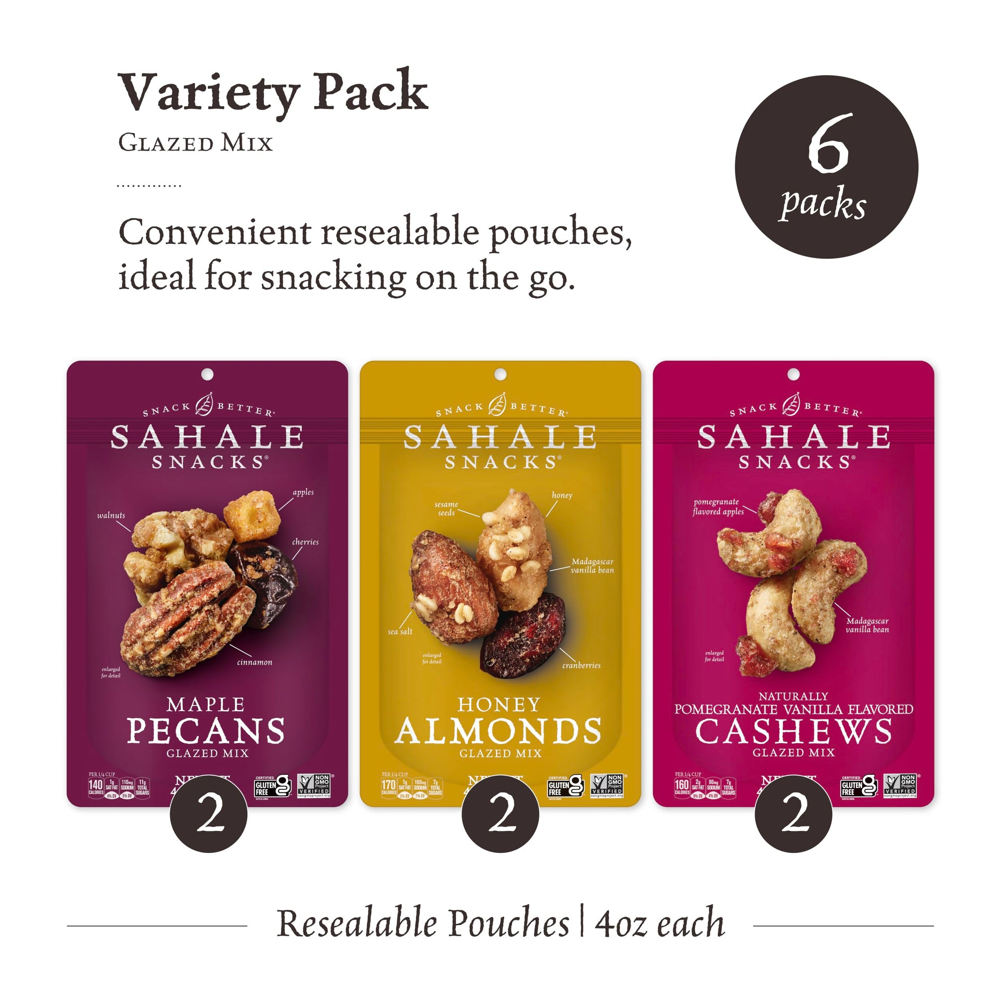 Sahale Snacks Glazed Nut Mix Variety Pack, 4 Ounces (Pack of 6)