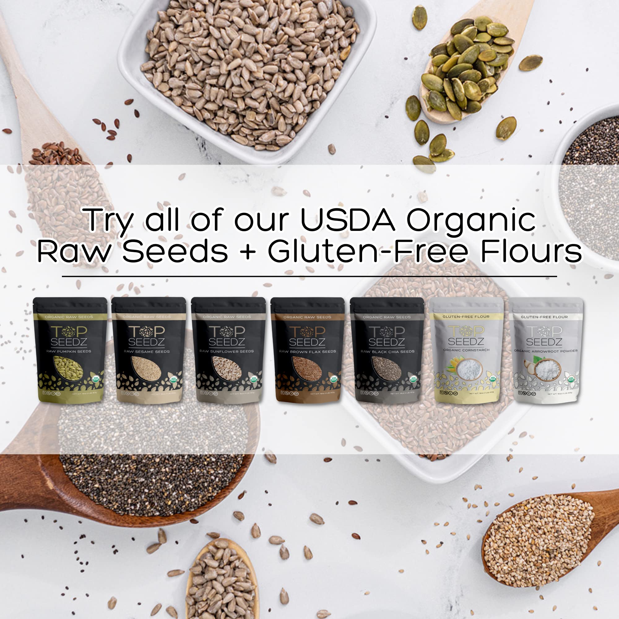 Top Seedz Certified USDA Organic Raw Pumpkin, Sunflower, Sesame, Flax, and Chia Seeds | For Gluten-Free, Vegan, Keto, Nut-Free and Paleo Diet | 1lb