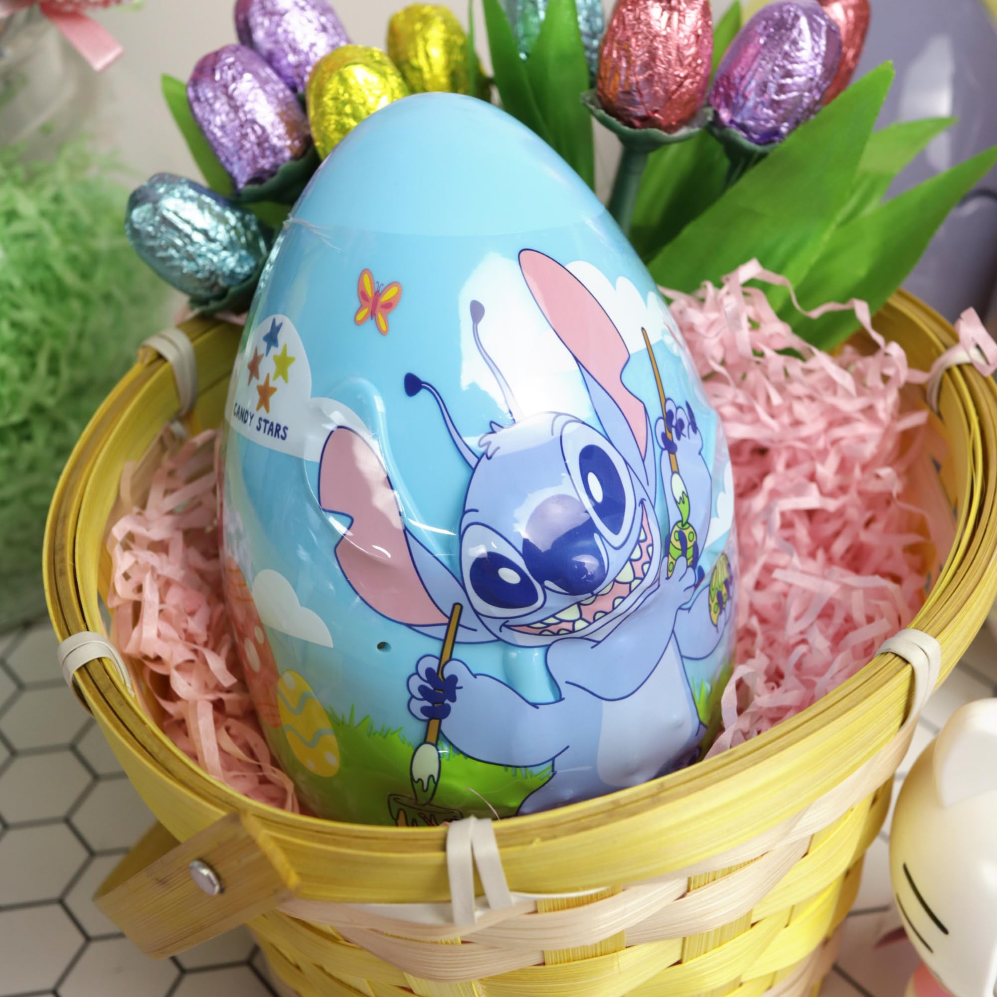 Jumbo Stitch Easter Egg with Candy Stars and Mini Stickers Inside, Festive Basket Stuffer Gift, 2.86 Ounces