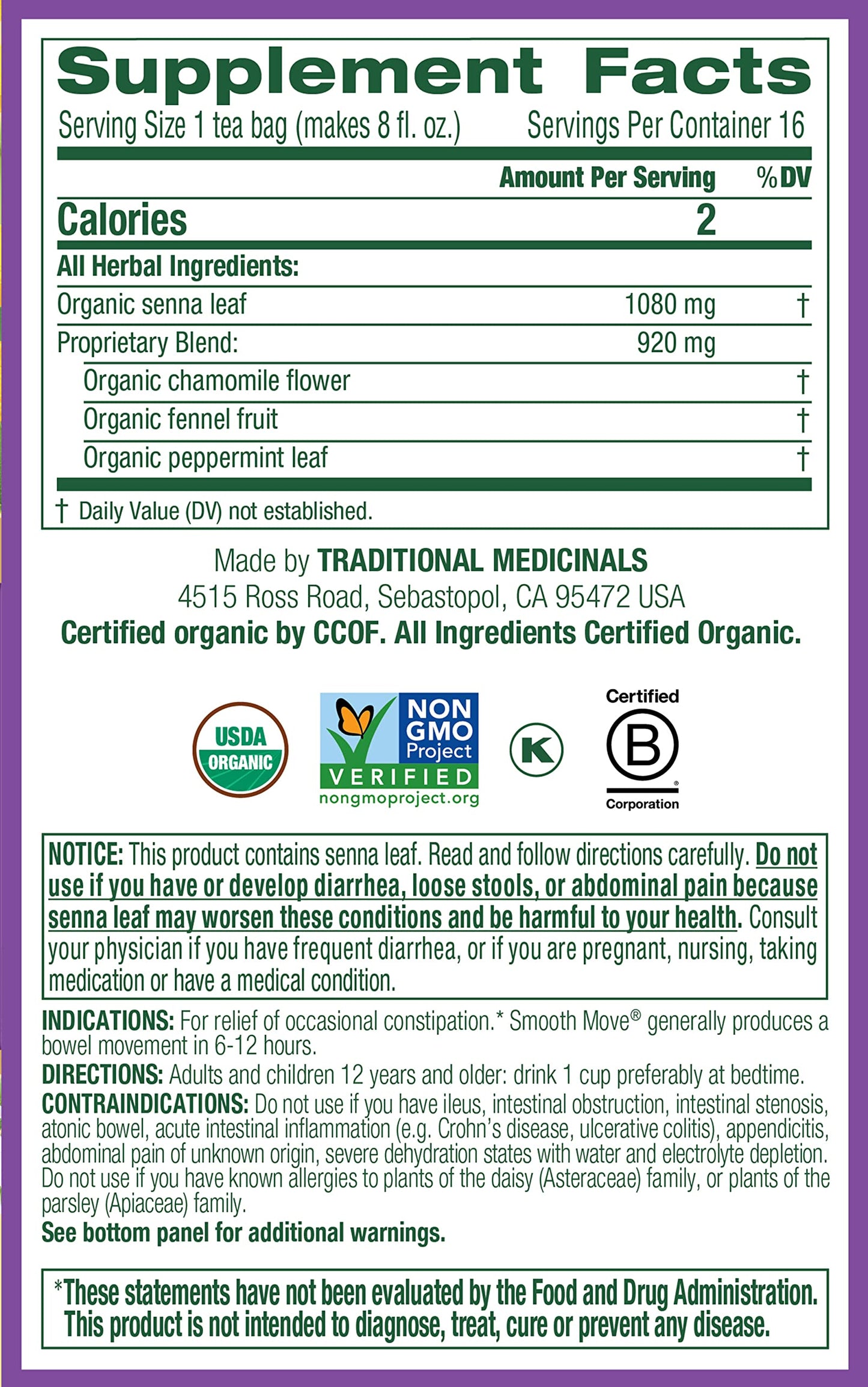 Traditional Medicinals Organic Smooth Move Herbal Tea Chamomile 2-pack;32 Count.