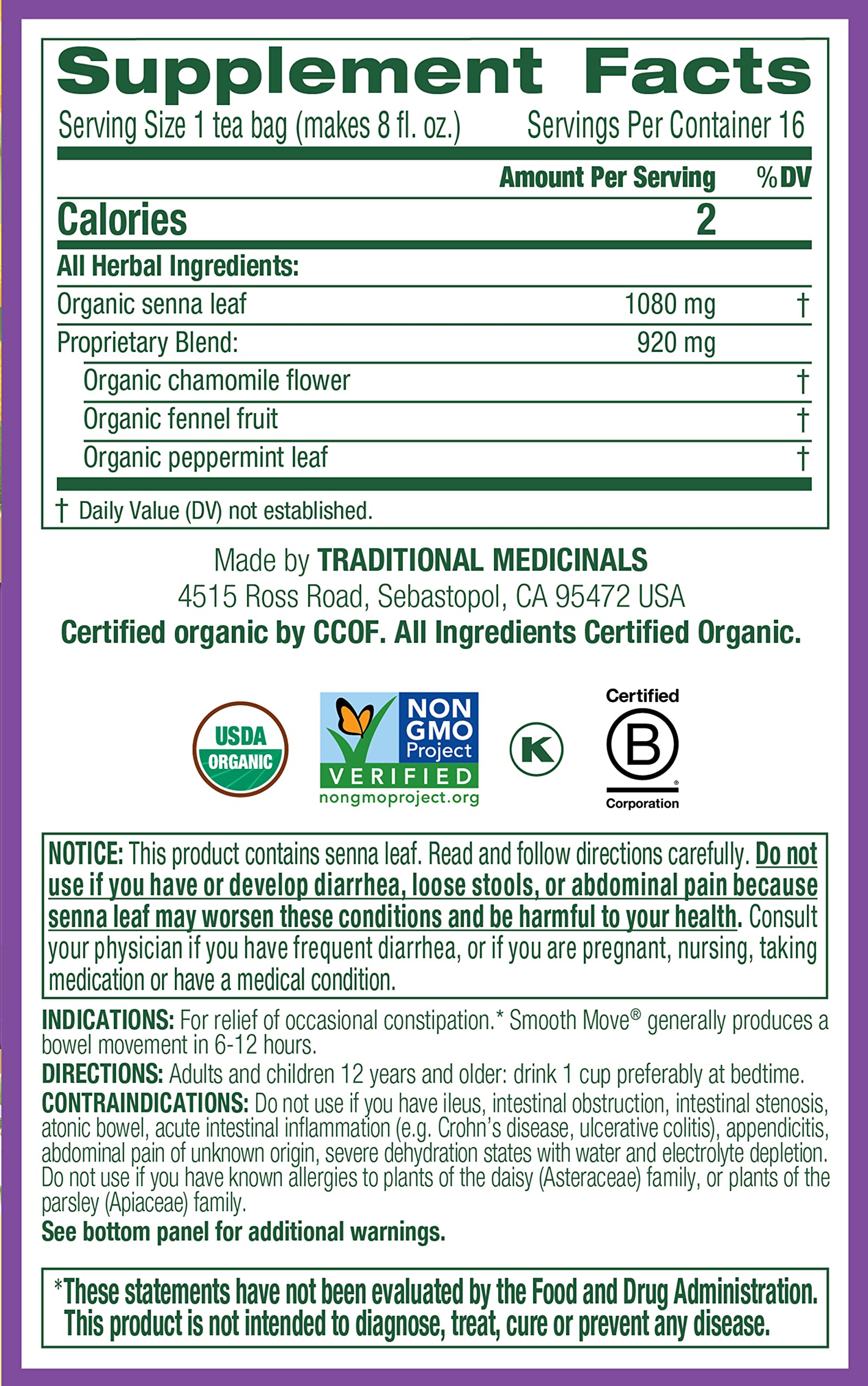 Traditional Medicinals Organic Smooth Move Herbal Tea Chamomile 2-pack;32 Count.