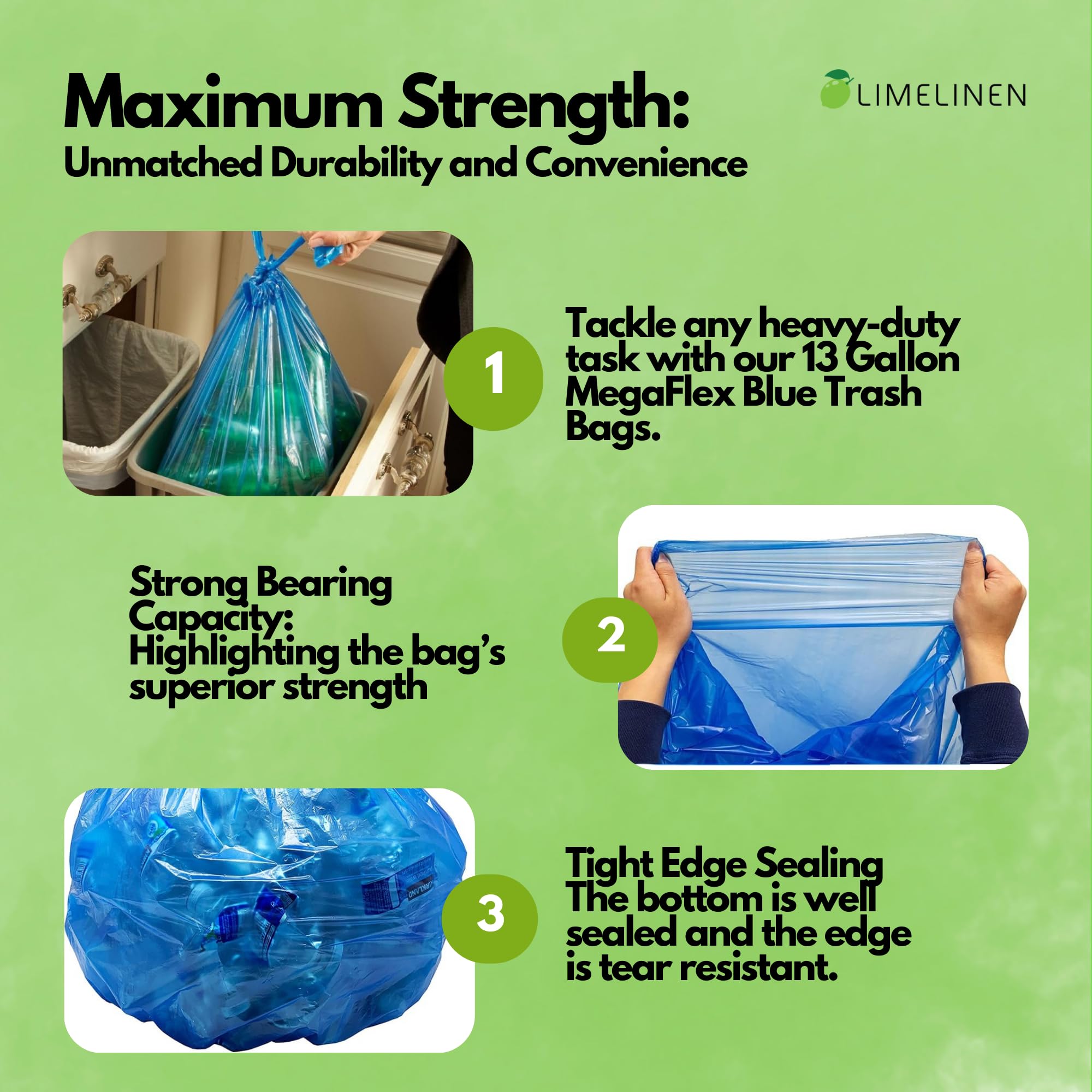 LIMELINEN Blue Recycling trash bags 13 gallon - 400ct Leak and Odor-Resistant, Heavy-Duty Plastic Garbage Bags for Home and Commercial Use