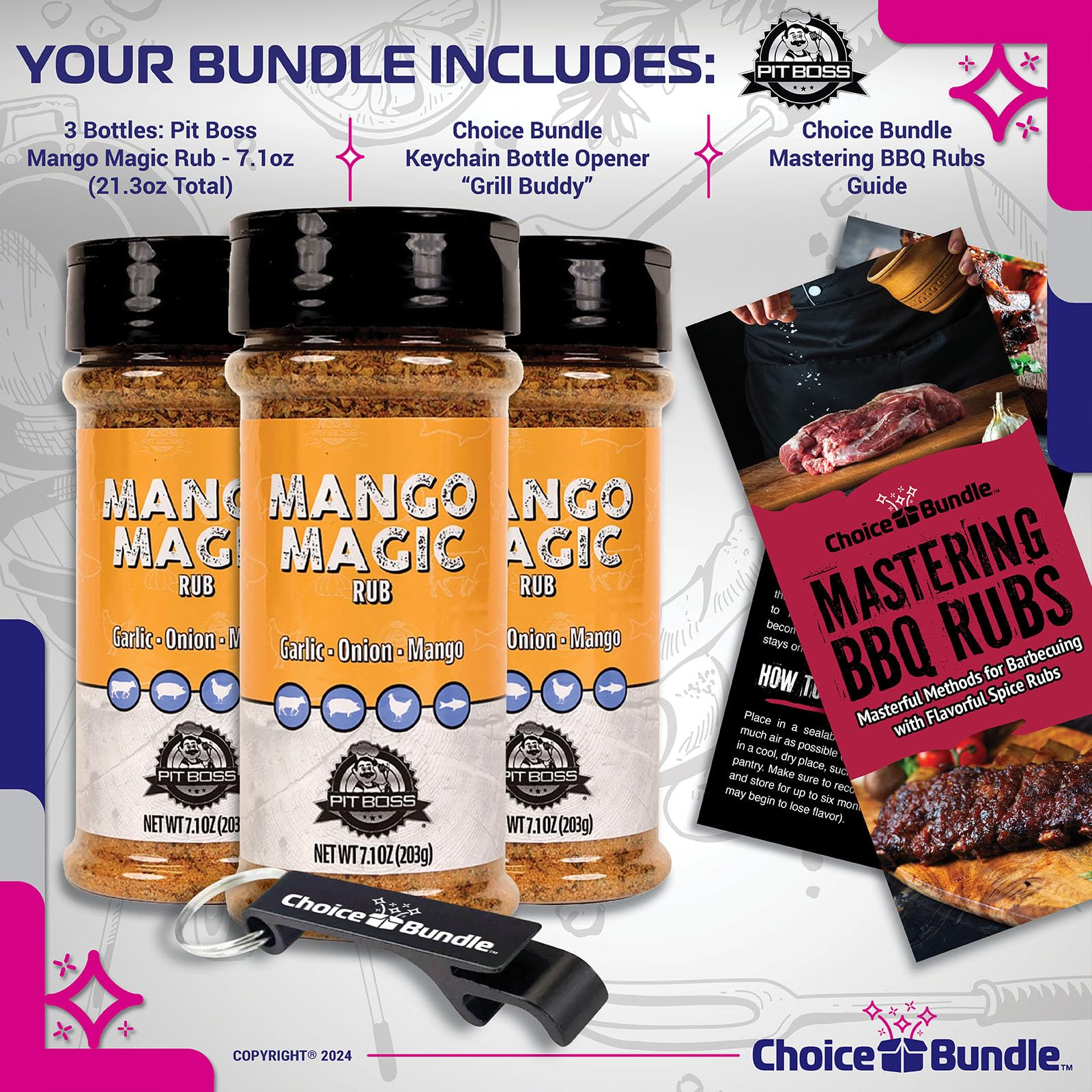 Pit Boss Mango Magic Premium BBQ Barbecue Mixed Seasoning Spice & Dry Rub 3 pk Choice Bundle (21.3 oz) + Guide & Keychain Bottle Opener (5 Items)!
